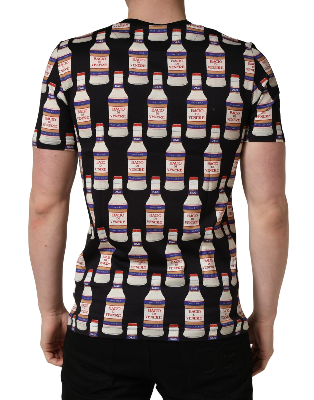 Dolce & Gabbana Schwarzes T-Shirt aus Baumwolle mit Rundhalsausschnitt und Flaschen-Print