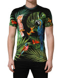 Dolce & Gabbana Schwarzes Herren-T-Shirt mit Vogelprint aus Baumwolle und Rundhalsausschnitt