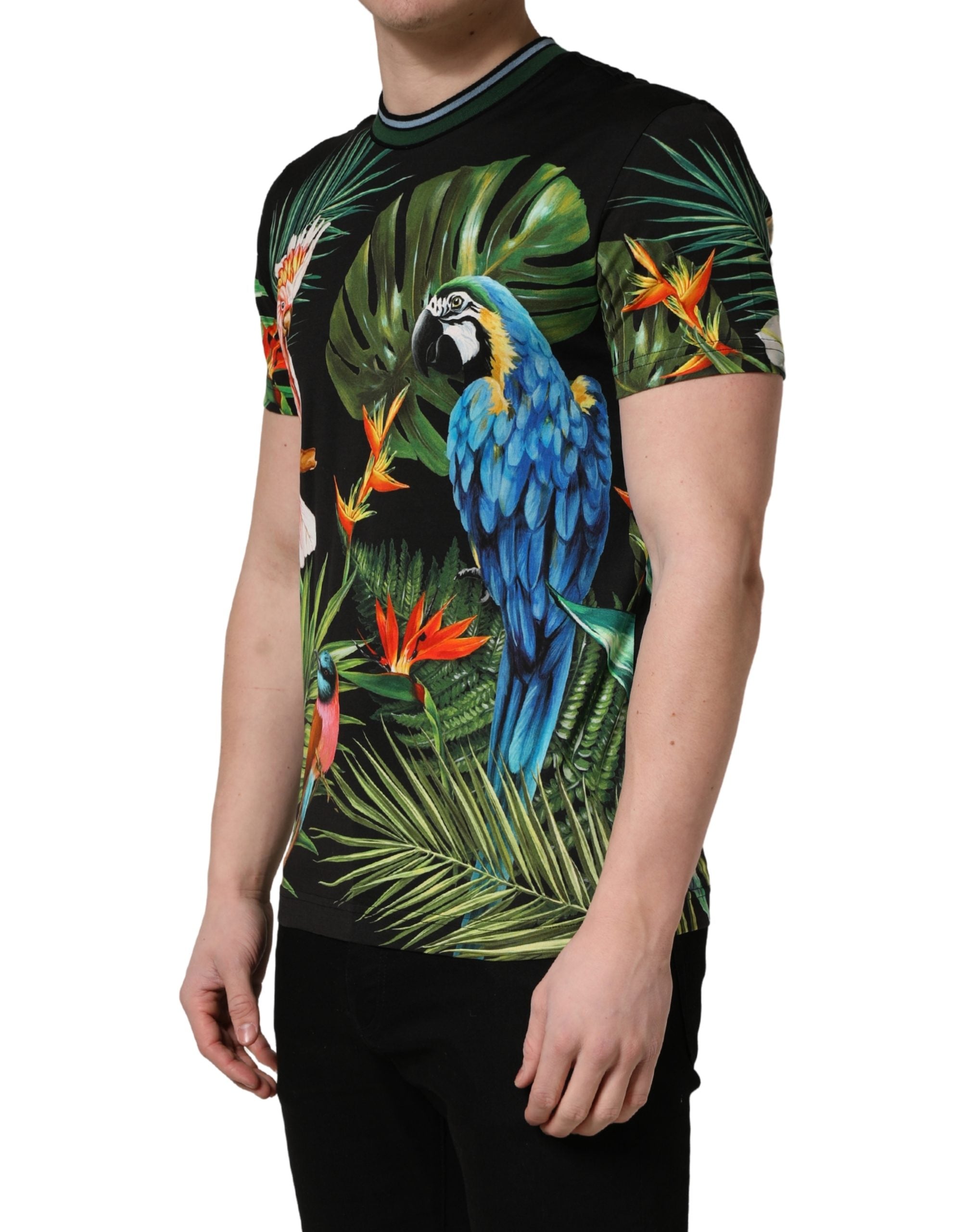Dolce & Gabbana Schwarzes Herren-T-Shirt mit Vogelprint aus Baumwolle und Rundhalsausschnitt