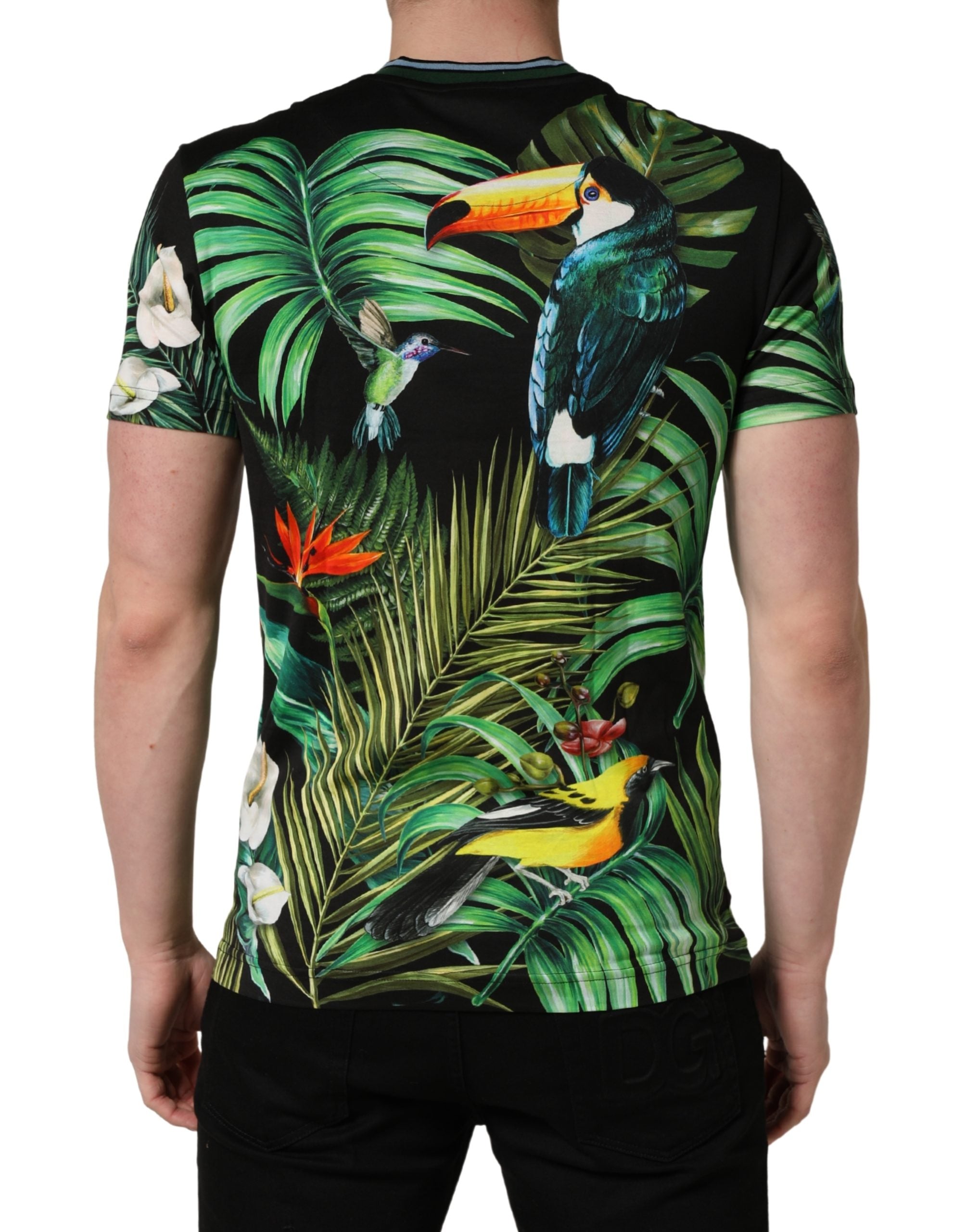Dolce & Gabbana Schwarzes Herren-T-Shirt mit Vogelprint aus Baumwolle und Rundhalsausschnitt