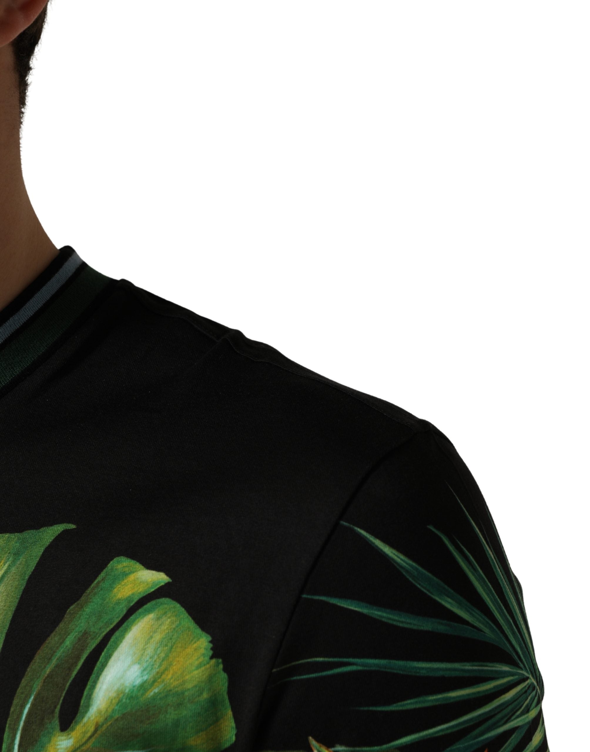 Dolce & Gabbana Schwarzes Herren-T-Shirt mit Vogelprint aus Baumwolle und Rundhalsausschnitt