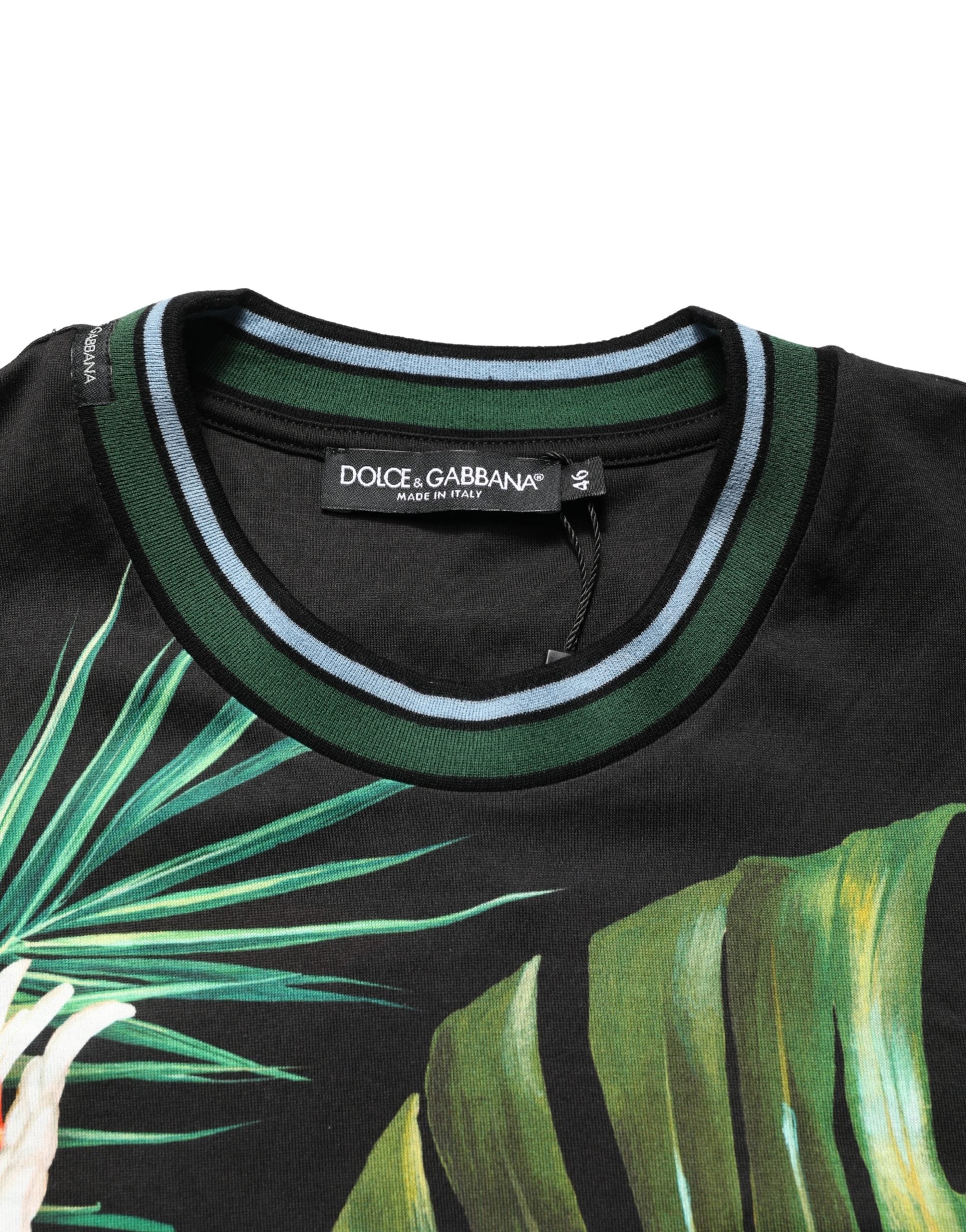 Dolce & Gabbana Schwarzes Herren-T-Shirt mit Vogelprint aus Baumwolle und Rundhalsausschnitt
