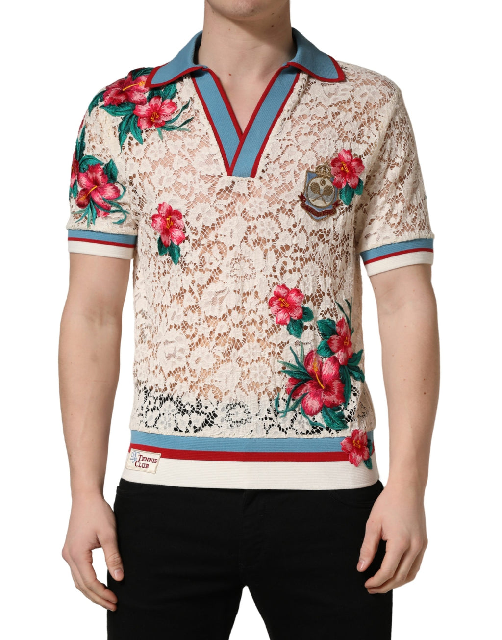Dolce & Gabbana Beige Floral Tennis Club Spitzen-Poloshirt