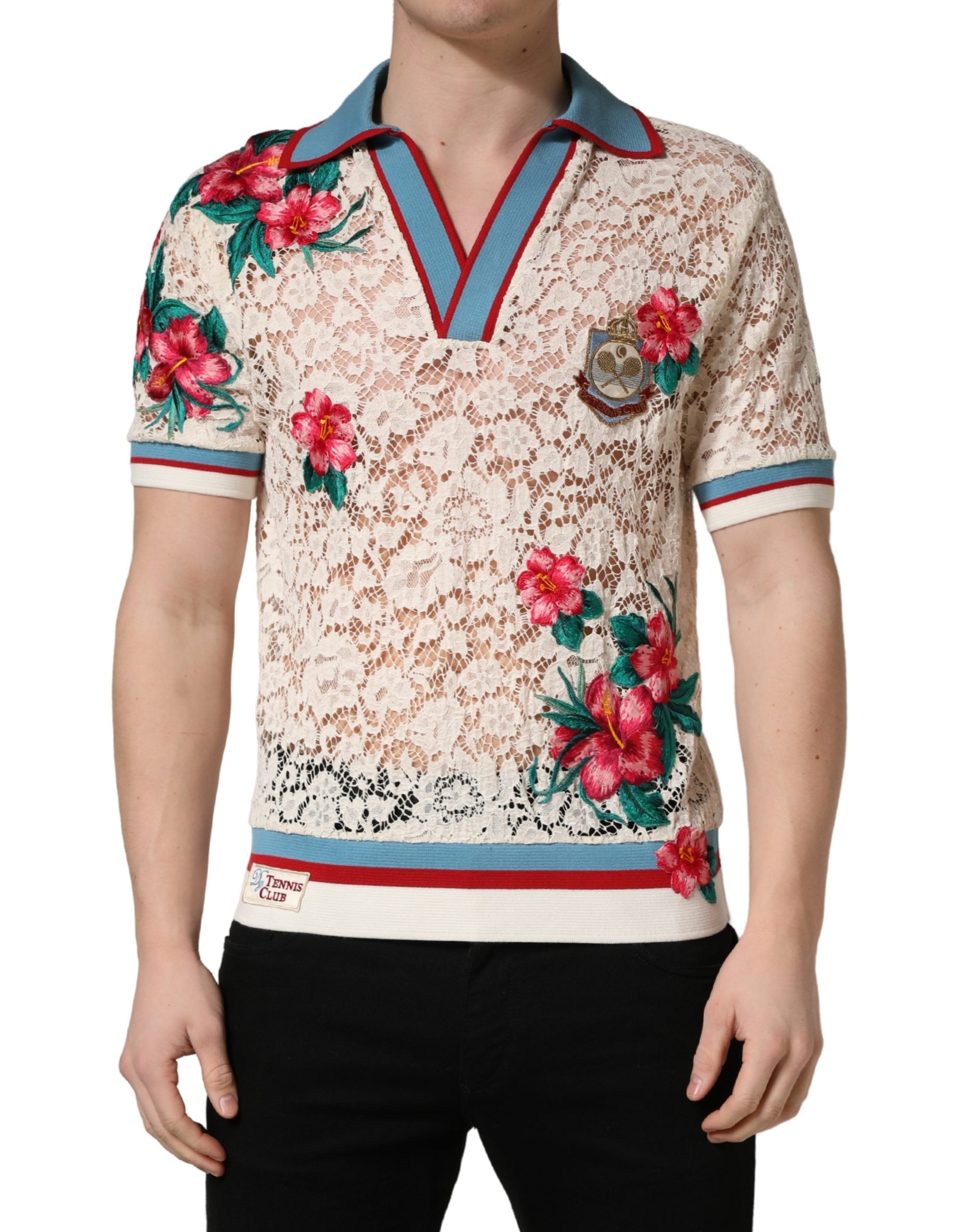 Dolce & Gabbana Beige Floral Tennis Club Spitzen-Poloshirt