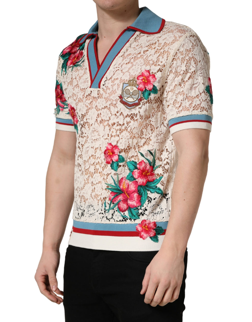 Dolce & Gabbana Beige Floral Tennis Club Spitzen-Poloshirt
