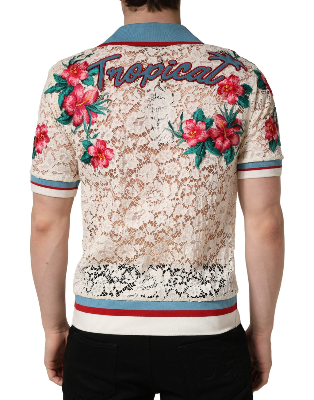 Dolce & Gabbana Beige Floral Tennis Club Spitzen-Poloshirt