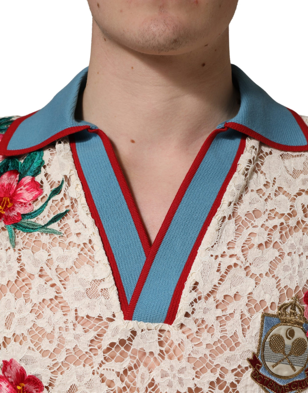 Dolce & Gabbana Beige Floral Tennis Club Spitzen-Poloshirt