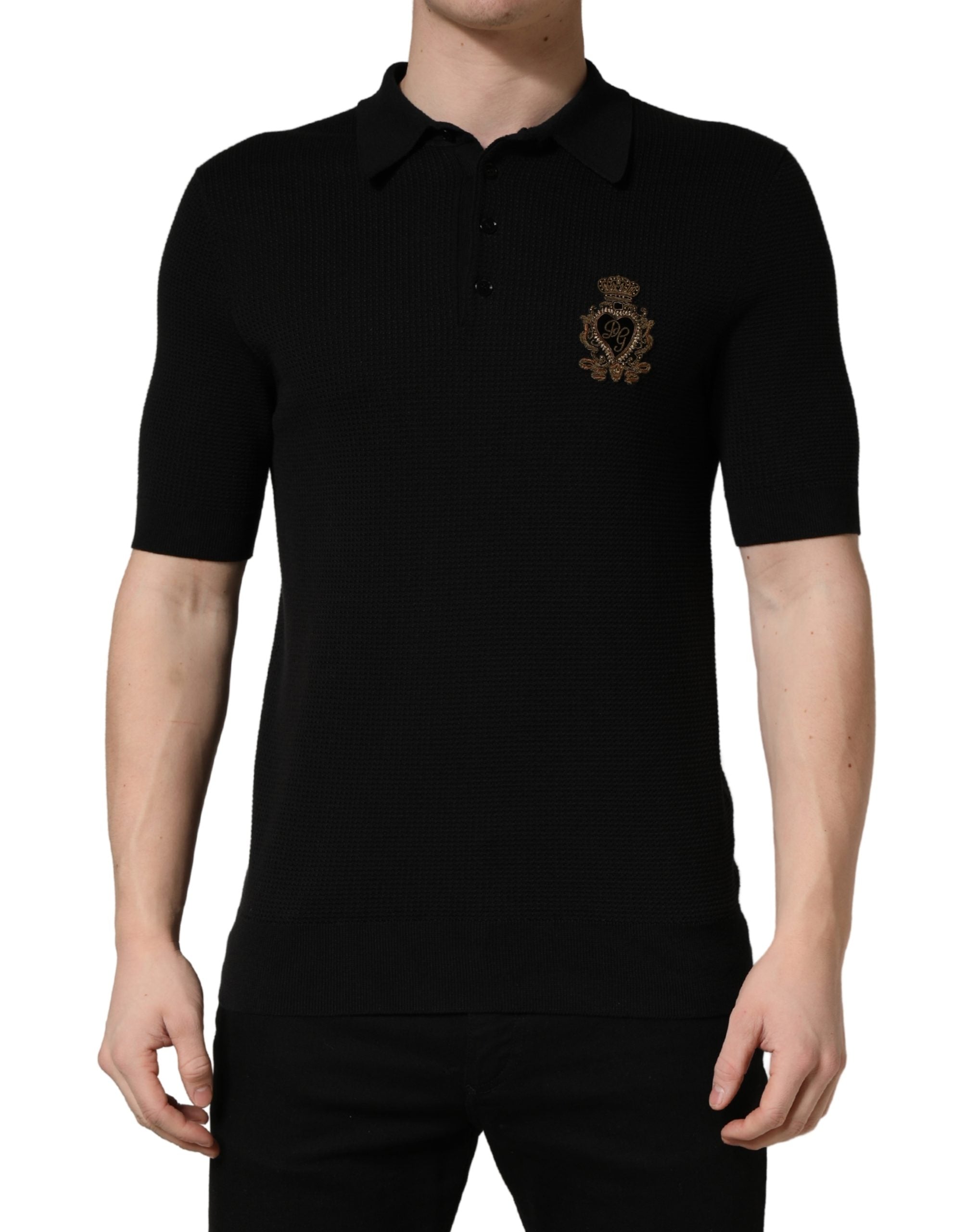 Dolce & Gabbana Schwarzes Polo-Shirt aus Seide mit heraldischem Wappen-Patch