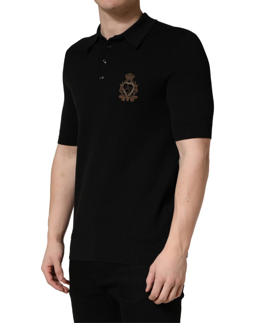 Dolce & Gabbana Schwarzes Polo-Shirt aus Seide mit heraldischem Wappen-Patch