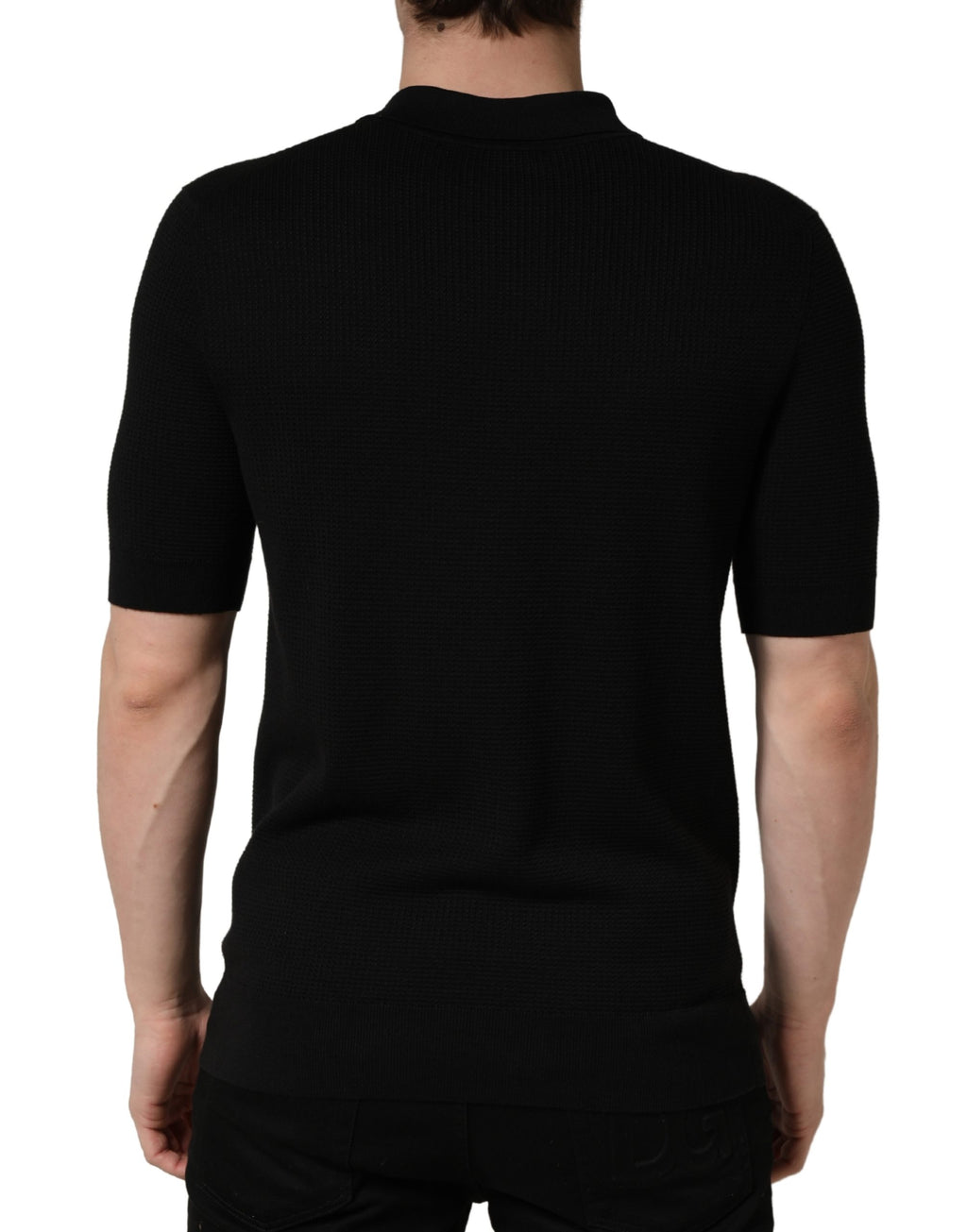 Dolce & Gabbana Schwarzes Polo-Shirt aus Seide mit heraldischem Wappen-Patch