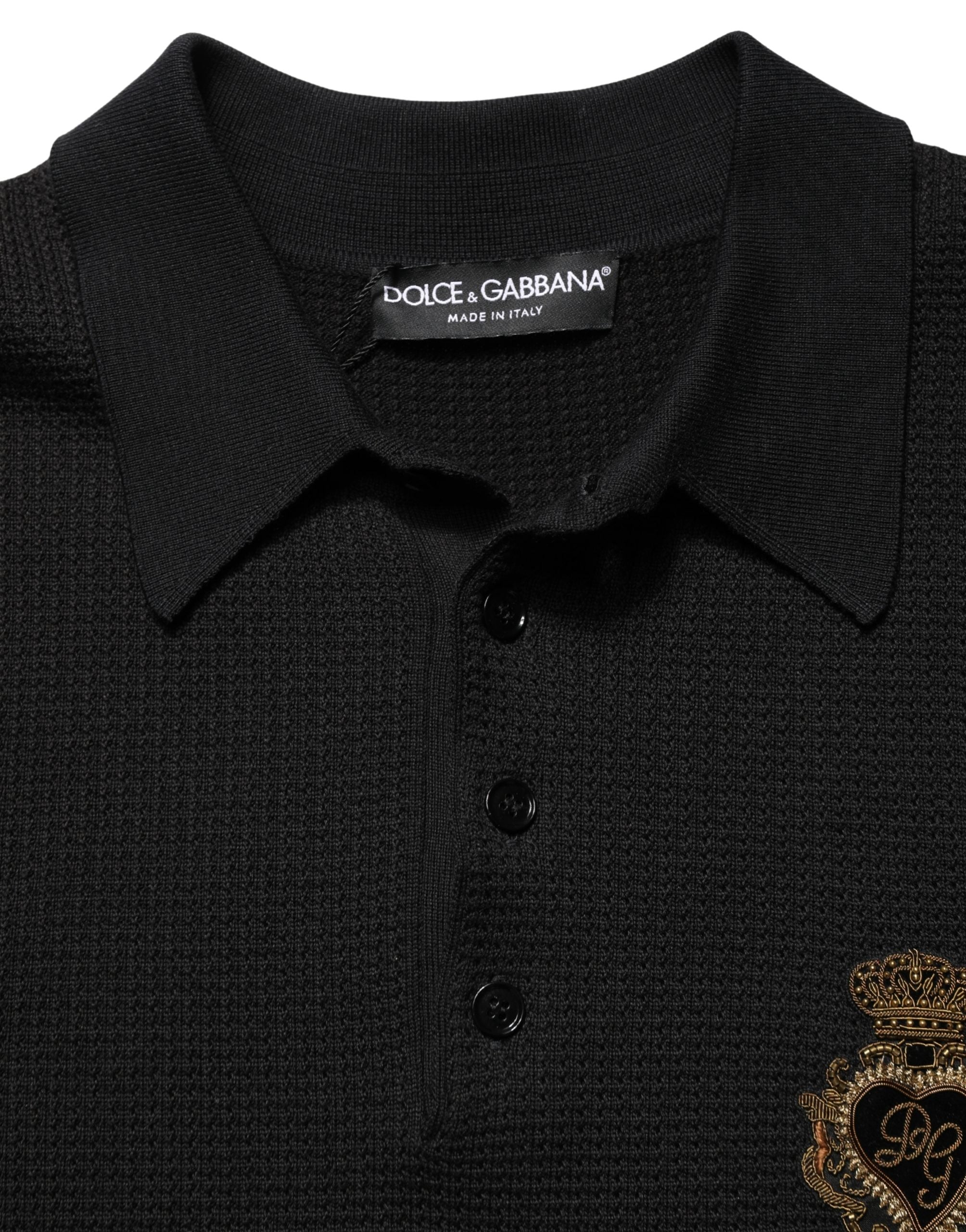 Dolce & Gabbana Schwarzes Polo-Shirt aus Seide mit heraldischem Wappen-Patch