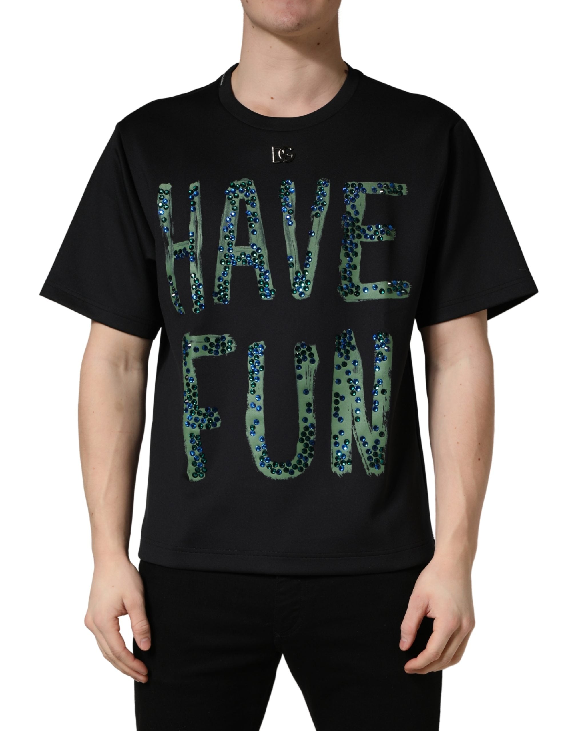 Dolce & Gabbana Schwarzes T-Shirt mit „Have Fun“-Aufdruck und Rundhalsausschnitt