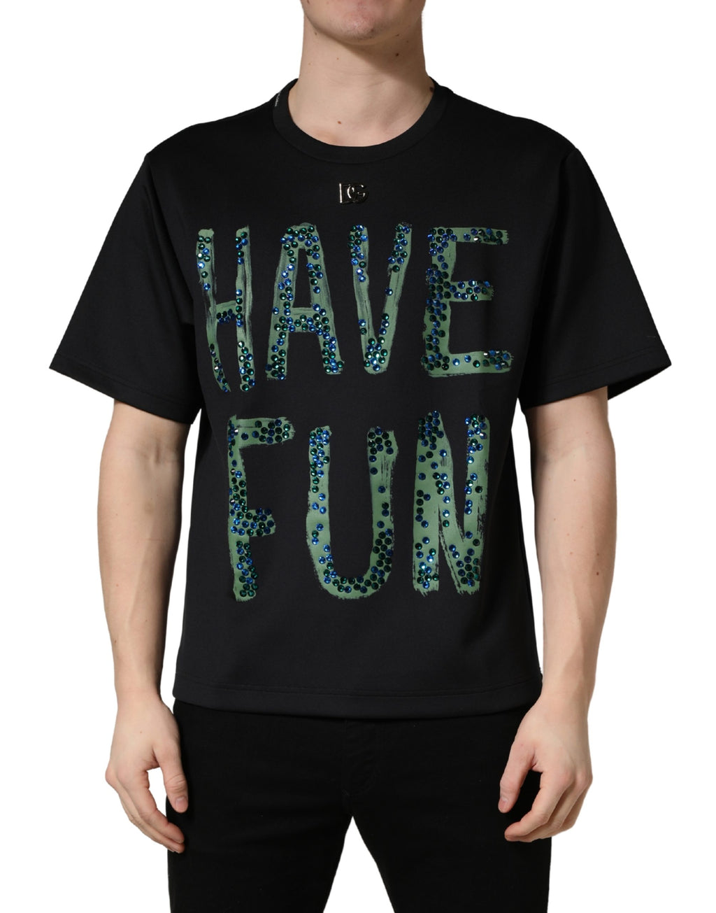 Dolce & Gabbana Schwarzes T-Shirt mit „Have Fun“-Aufdruck und Rundhalsausschnitt
