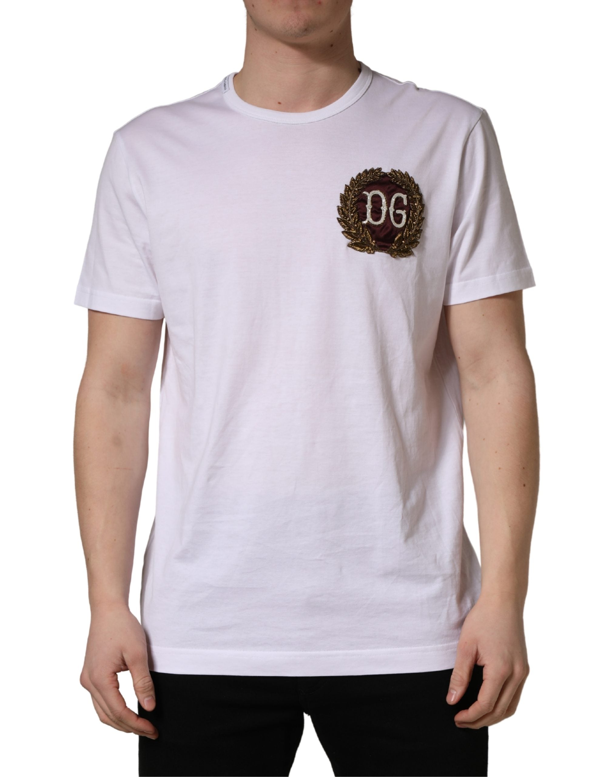 Dolce & Gabbana Weißes DG Blattstickerei Rundhals-T-Shirt