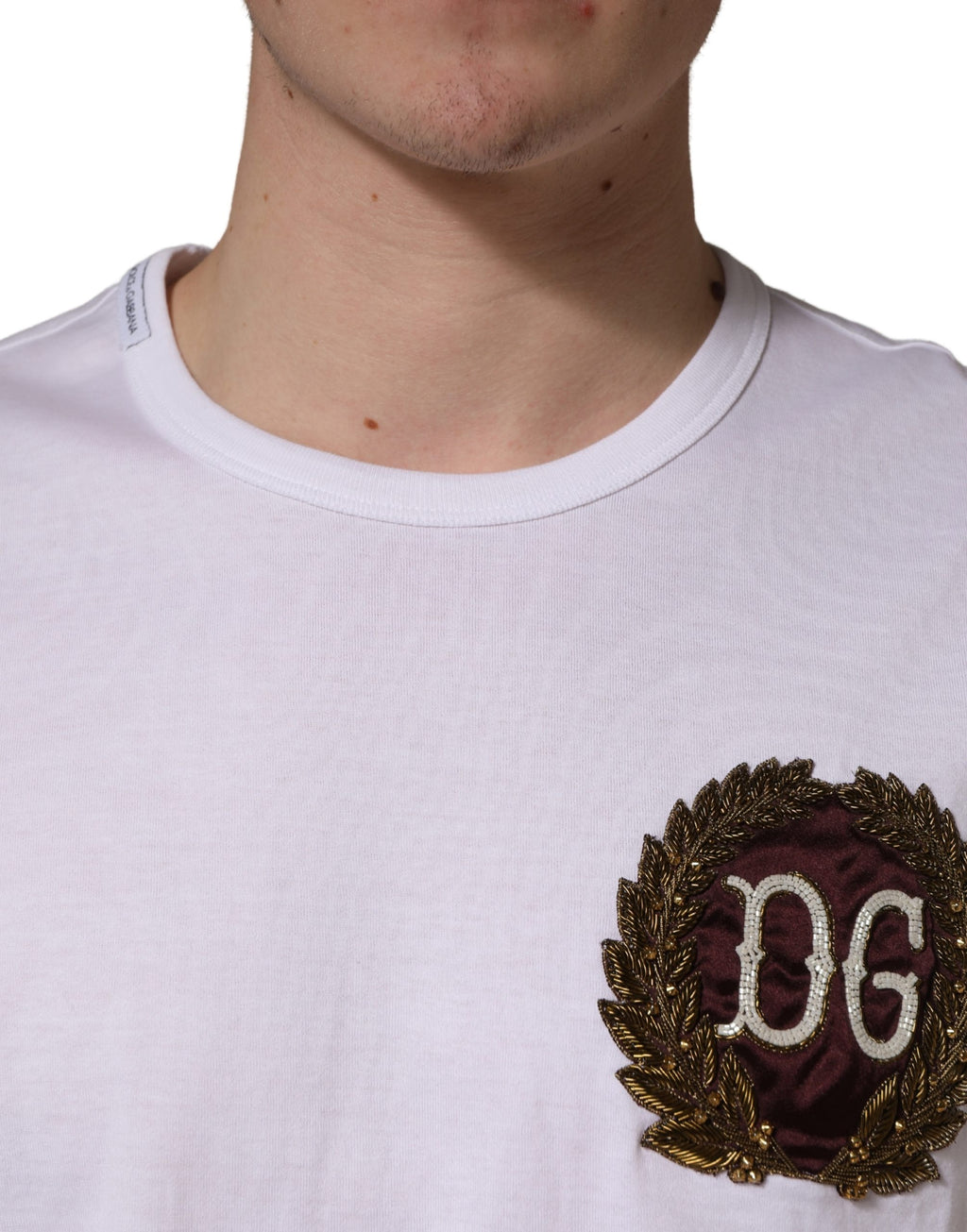 Dolce & Gabbana Weißes DG Blattstickerei Rundhals-T-Shirt