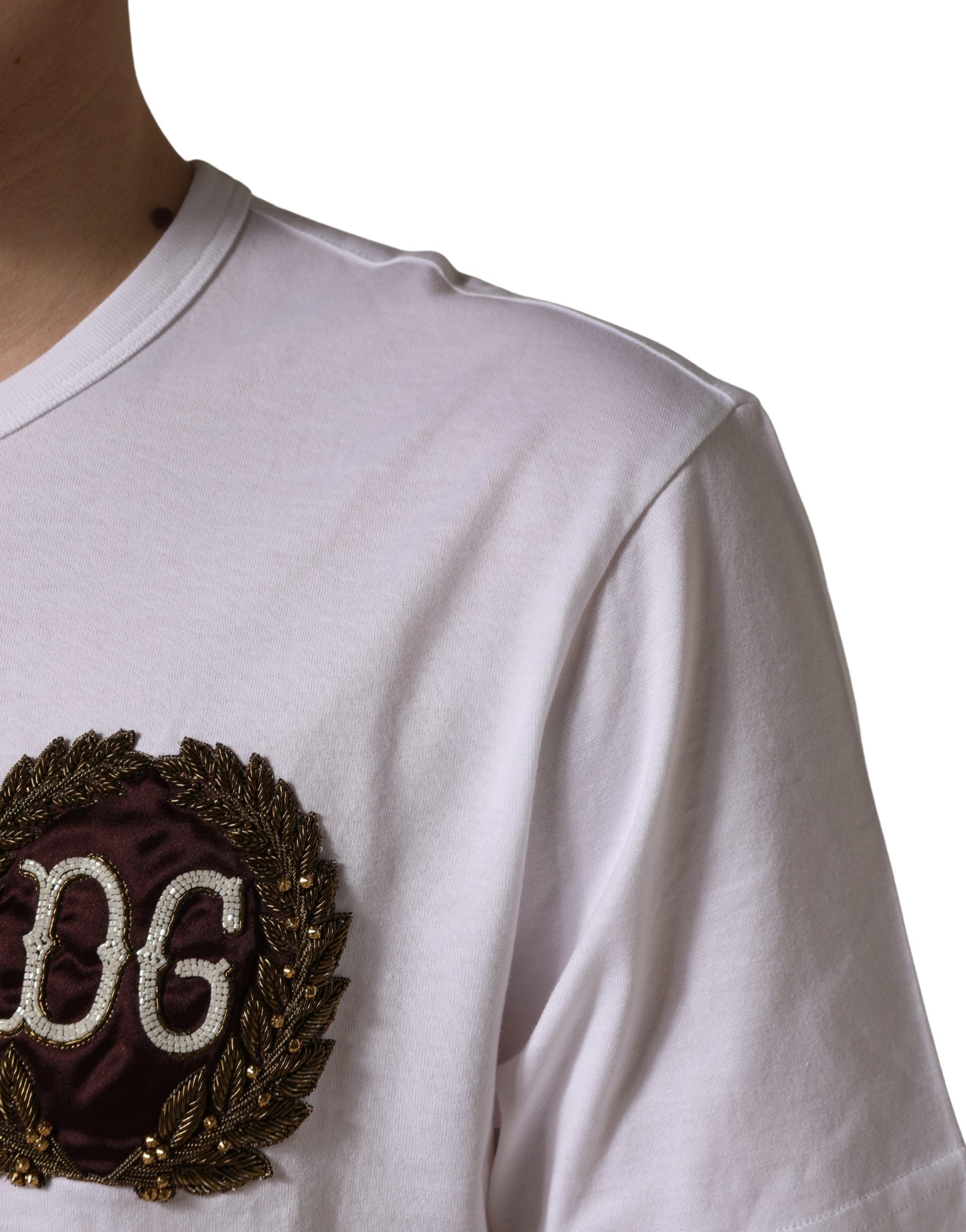 Dolce & Gabbana Weißes DG Blattstickerei Rundhals-T-Shirt