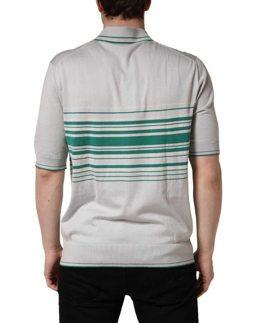 Dolce & Gabbana Grau-grün gestreiftes Logo-Polo-Shirt aus Seide