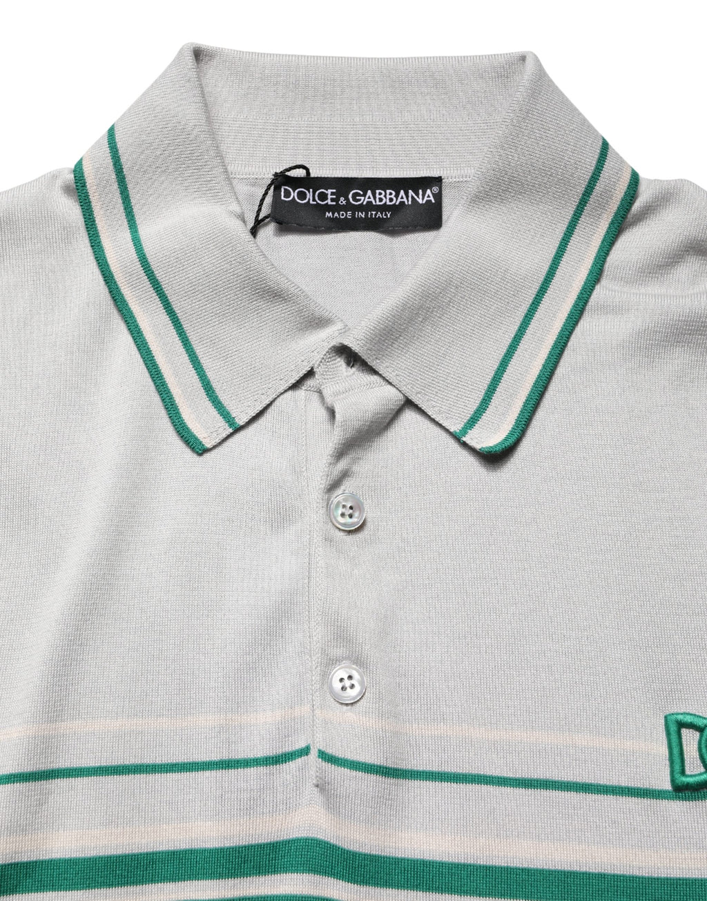 Dolce & Gabbana Grau-grün gestreiftes Logo-Polo-Shirt aus Seide