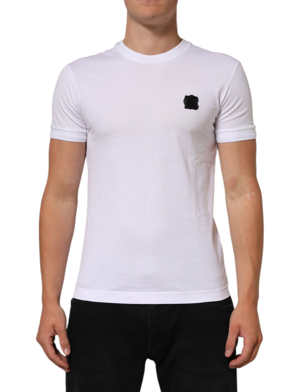 Dolce & Gabbana Weißes Baumwoll-T-Shirt mit Rundhalsausschnitt und Logo-Patch