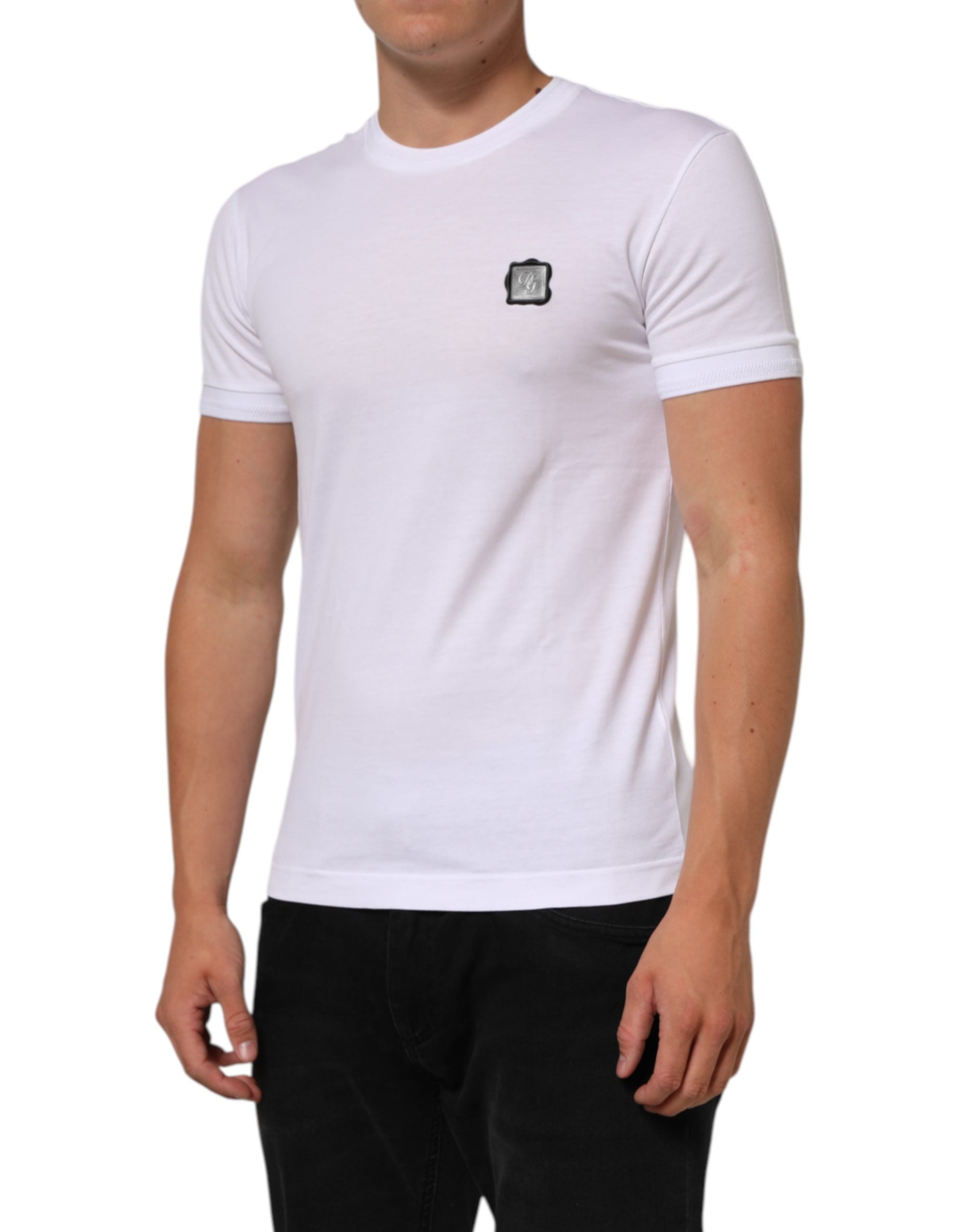 Dolce & Gabbana Weißes Baumwoll-T-Shirt mit Rundhalsausschnitt und Logo-Patch