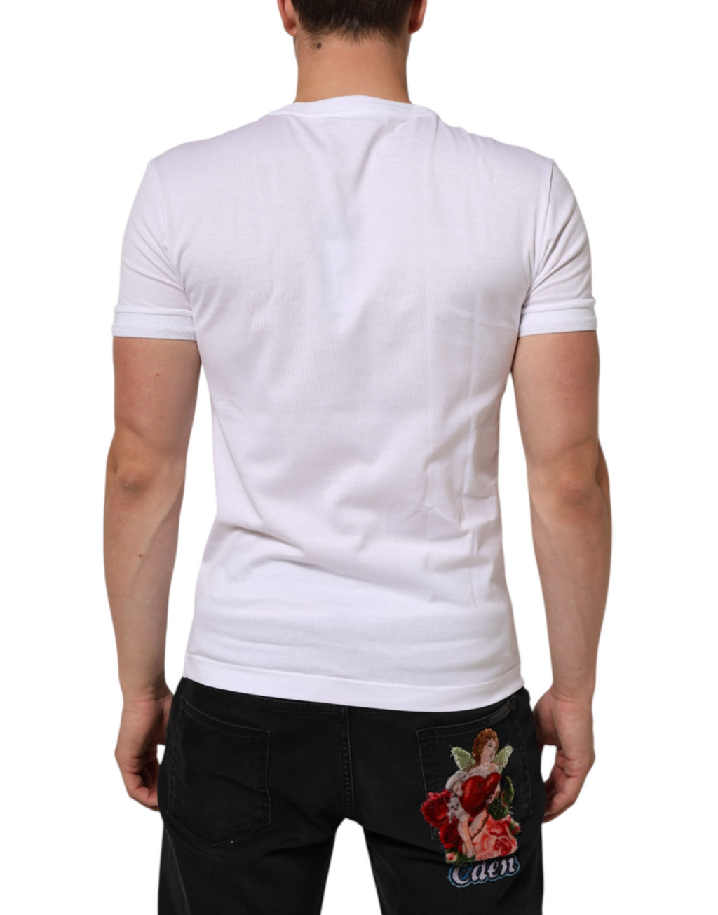 Dolce & Gabbana Weißes Baumwoll-T-Shirt mit Rundhalsausschnitt und Logo-Patch