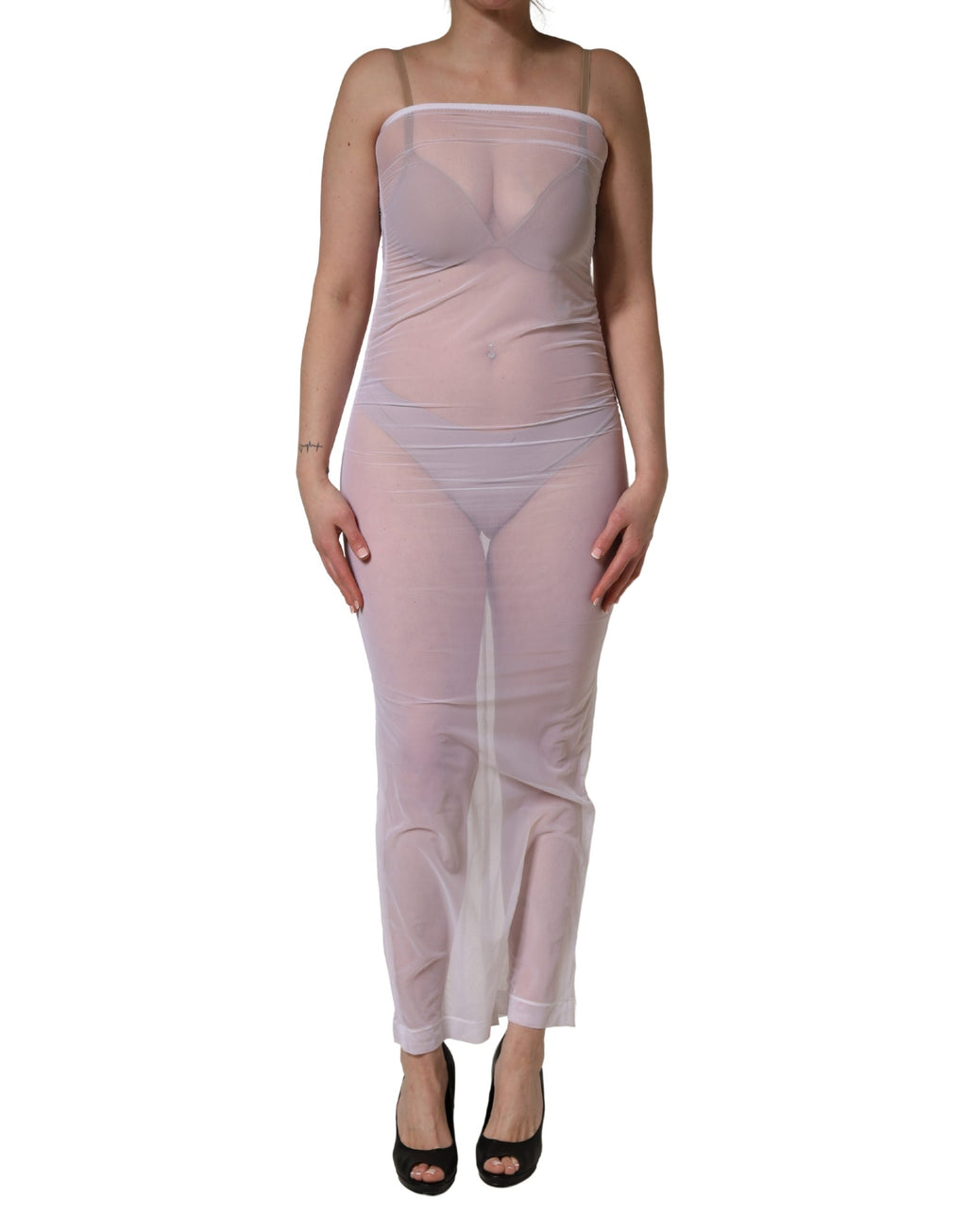 Dolce & Gabbana Weißes, durchscheinendes Maxikleid aus Stretch-Nylon