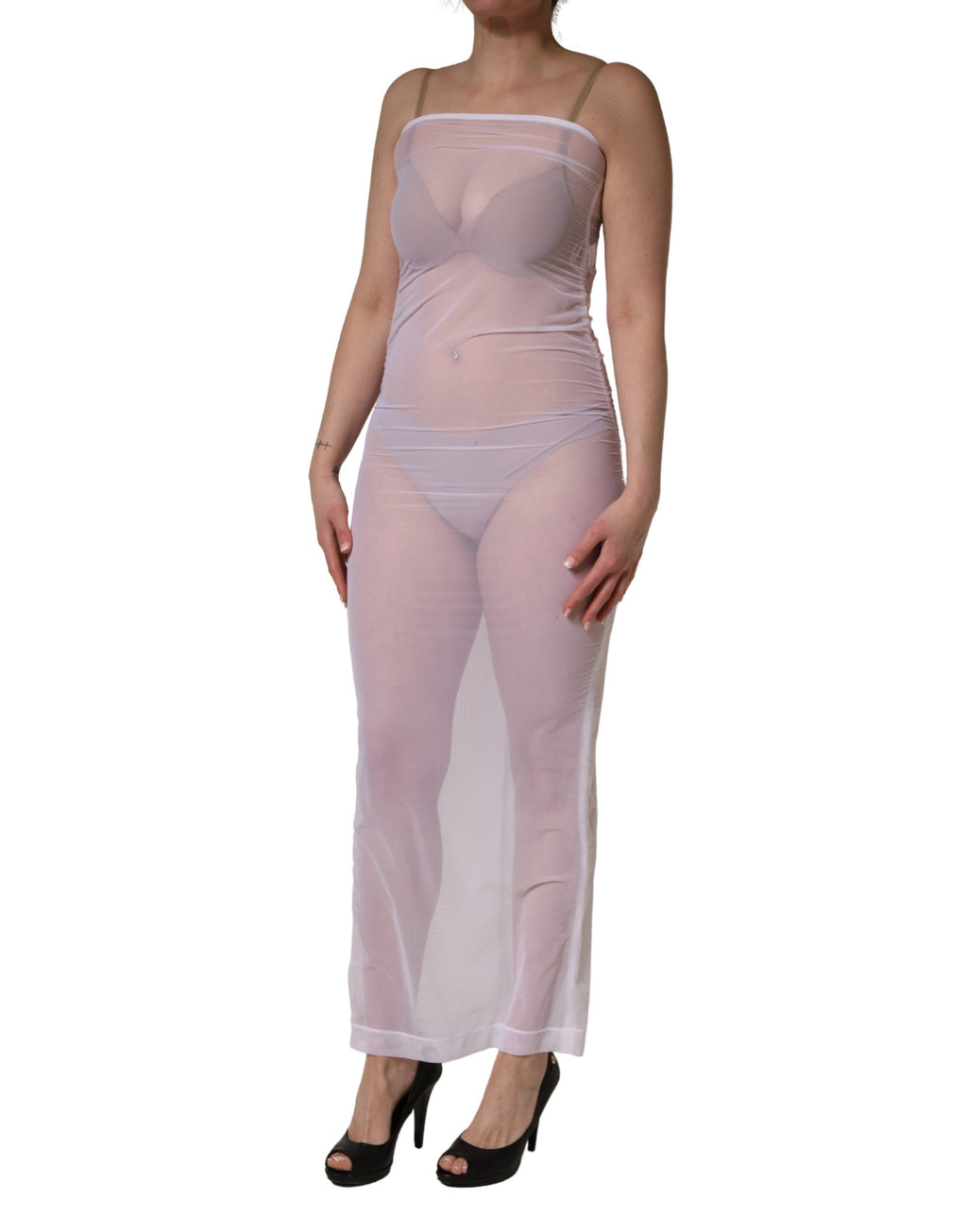 Dolce & Gabbana Weißes, durchscheinendes Maxikleid aus Stretch-Nylon