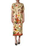 Dolce & Gabbana Beige Frucht-Tupfen-Etui-Seiden-Midi-Kleid