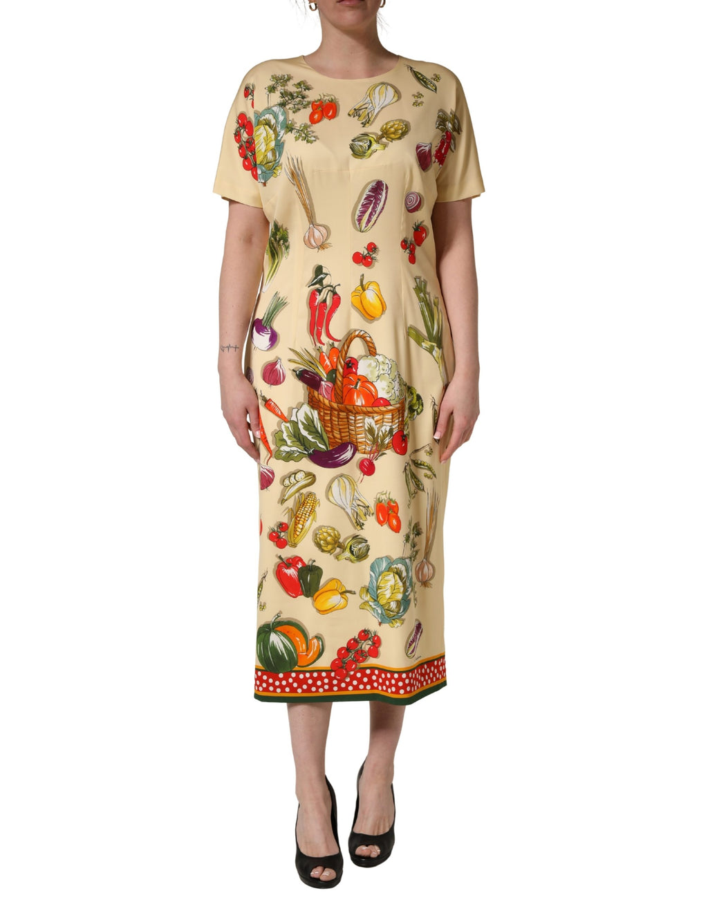 Dolce & Gabbana Beige Frucht-Tupfen-Etui-Seiden-Midi-Kleid