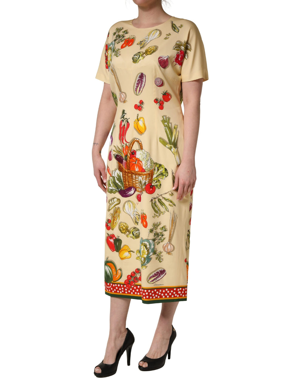 Dolce & Gabbana Beige Frucht-Tupfen-Etui-Seiden-Midi-Kleid