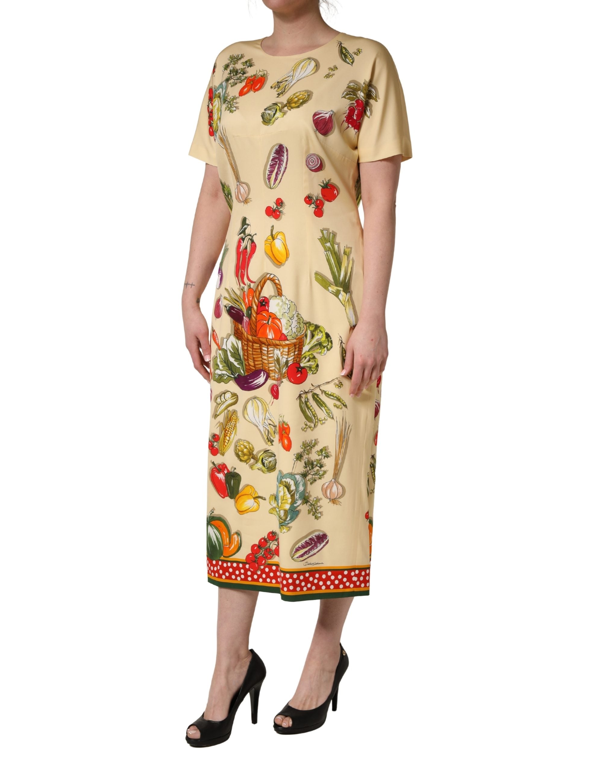 Dolce & Gabbana Beige Frucht-Tupfen-Etui-Seiden-Midi-Kleid
