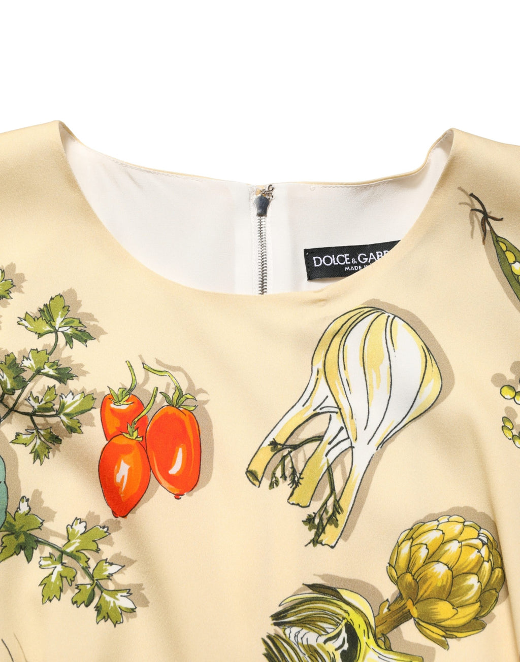 Dolce & Gabbana Beige Frucht-Tupfen-Etui-Seiden-Midi-Kleid