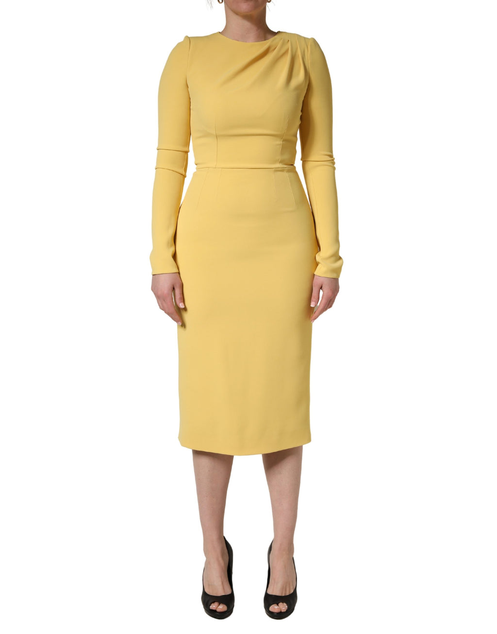 Dolce & Gabbana Gelbes Seidenkleid mit langen Ärmeln, Etui-Schnitt, Midi-Länge
