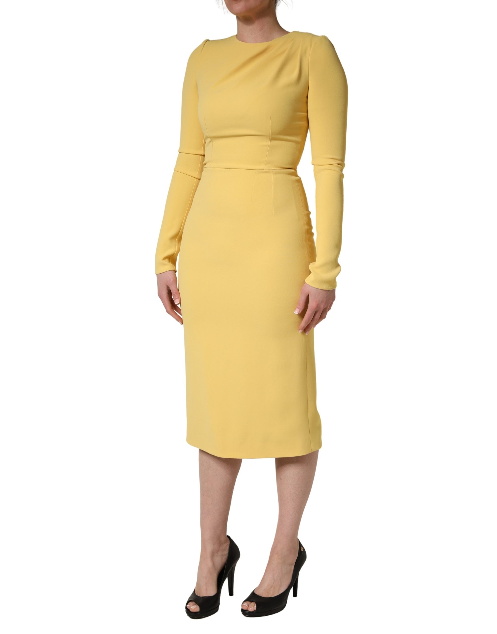 Dolce & Gabbana Gelbes Seidenkleid mit langen Ärmeln, Etui-Schnitt, Midi-Länge