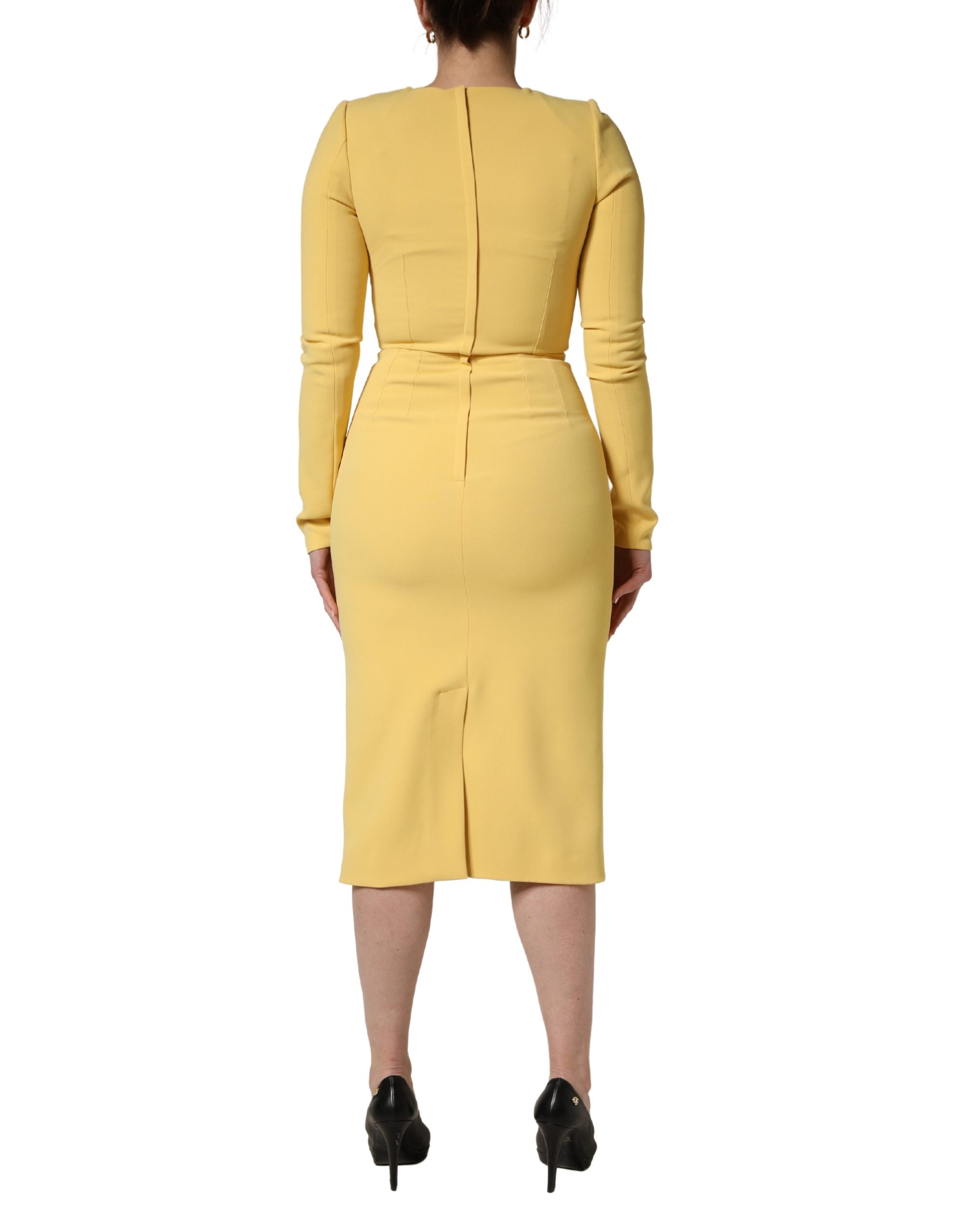 Dolce & Gabbana Gelbes Seidenkleid mit langen Ärmeln, Etui-Schnitt, Midi-Länge