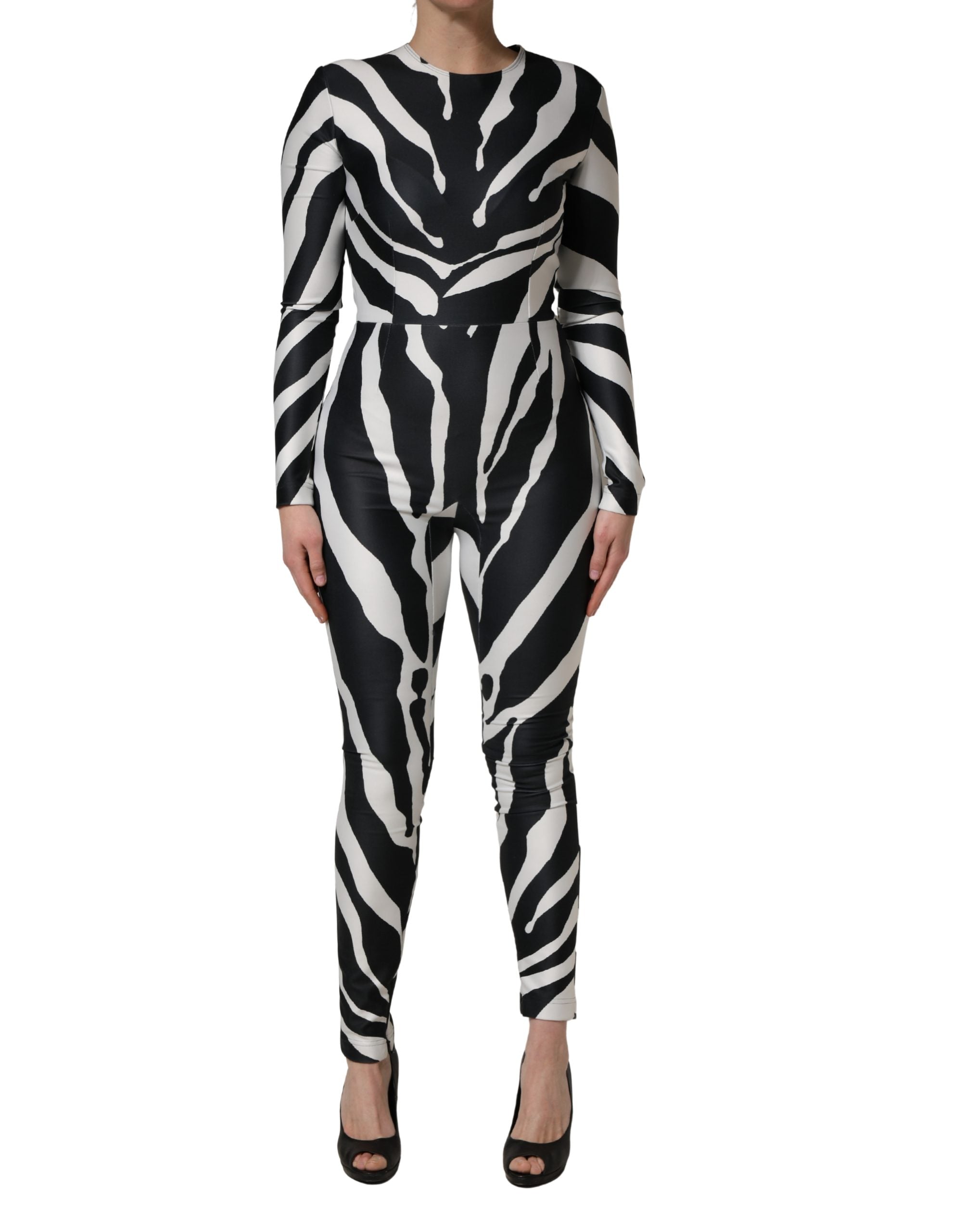 Dolce & Gabbana Schwarz-weißer Jumpsuit aus Polyester mit Zebramuster
