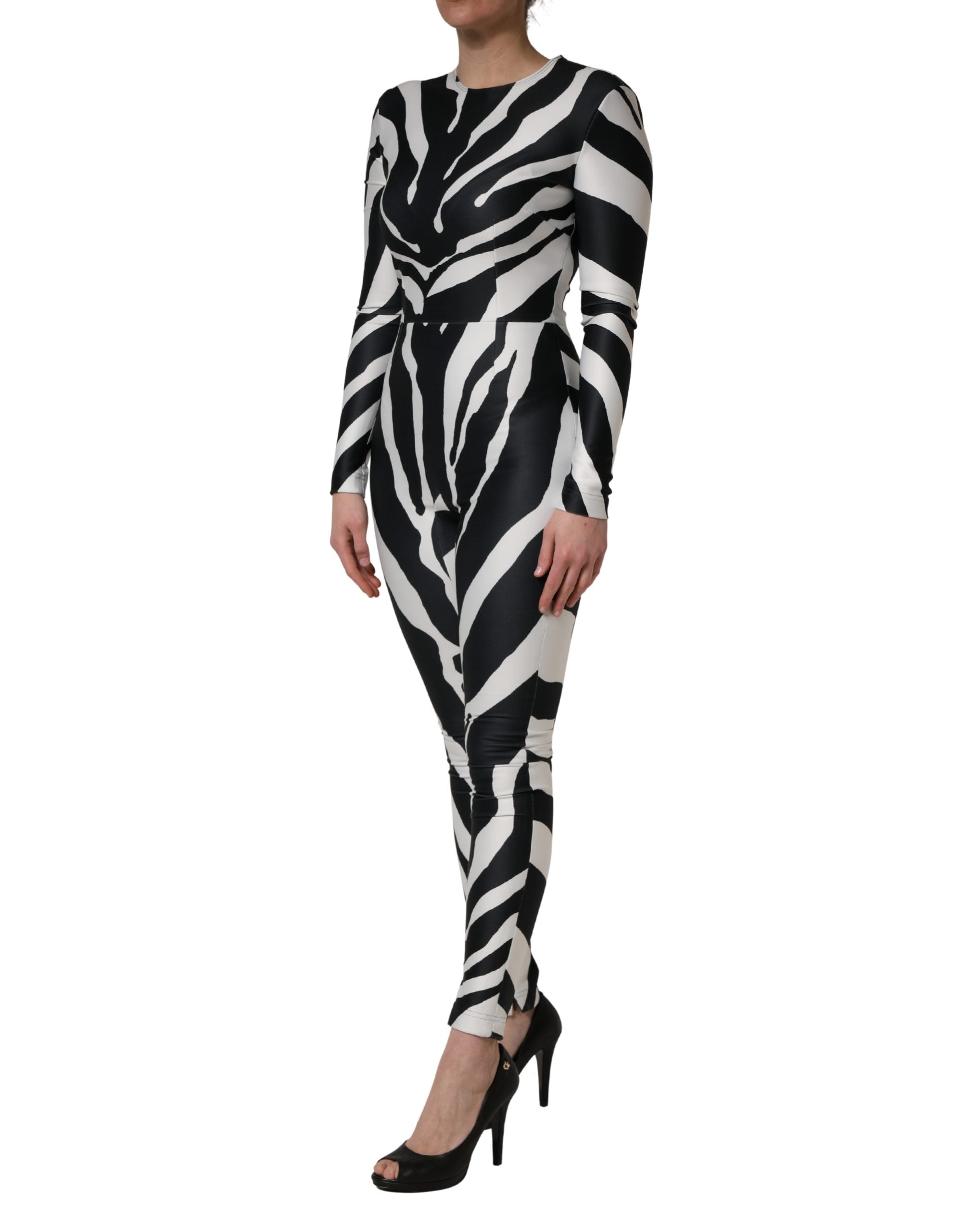 Dolce & Gabbana Schwarz-weißer Jumpsuit aus Polyester mit Zebramuster