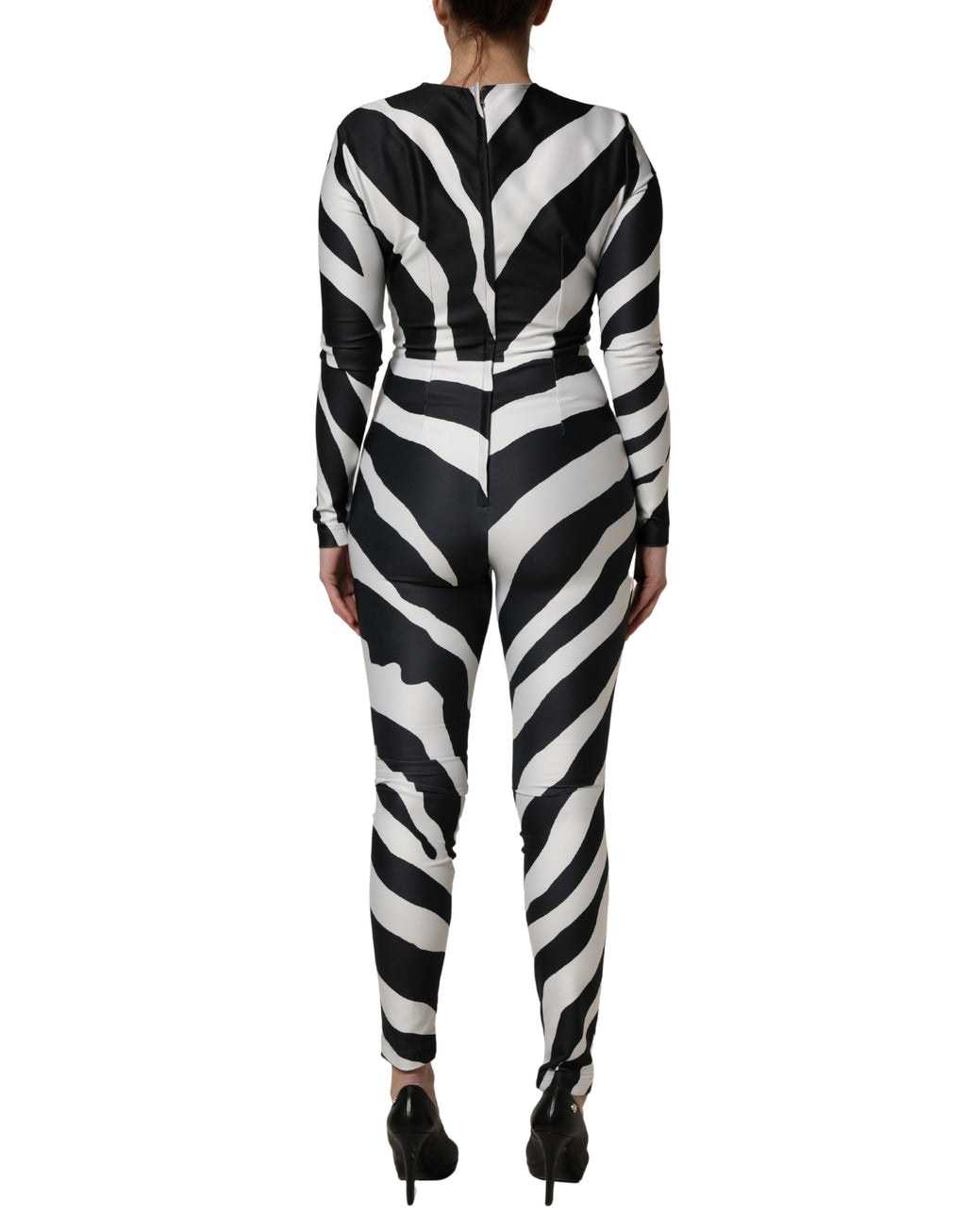 Dolce & Gabbana Schwarz-weißer Jumpsuit aus Polyester mit Zebramuster