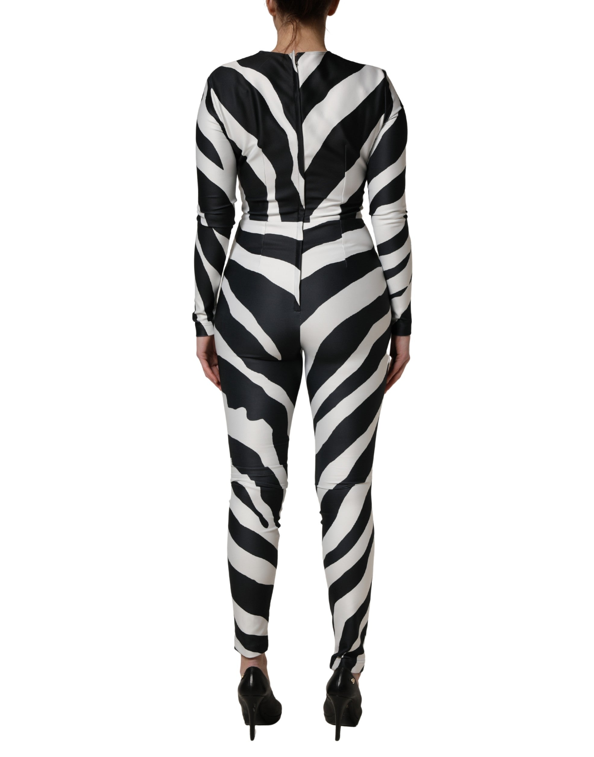 Dolce & Gabbana Schwarz-weißer Jumpsuit aus Polyester mit Zebramuster