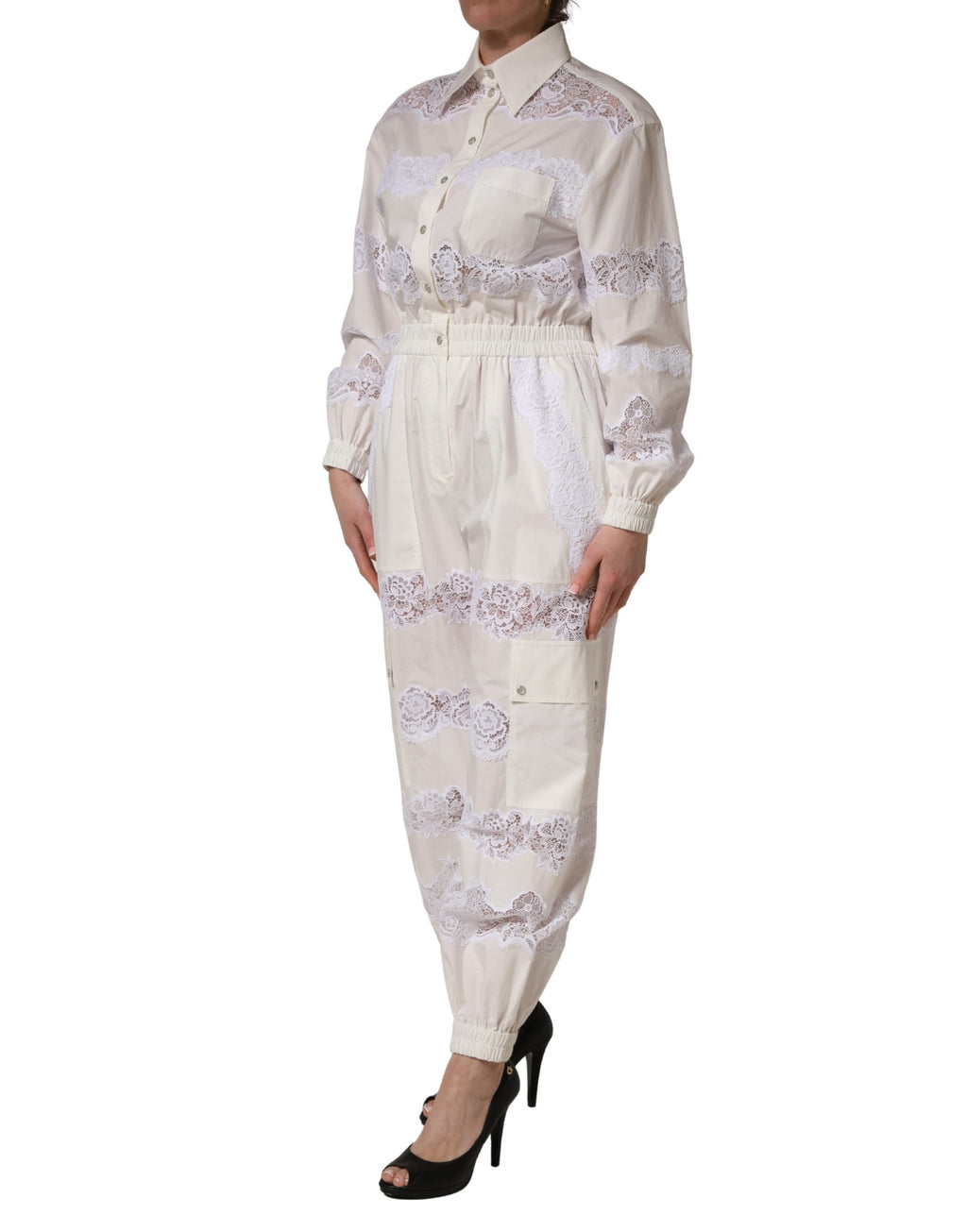Dolce & Gabbana Jumpsuit aus weißer Baumwolle mit Spitzendetails und langen Ärmeln