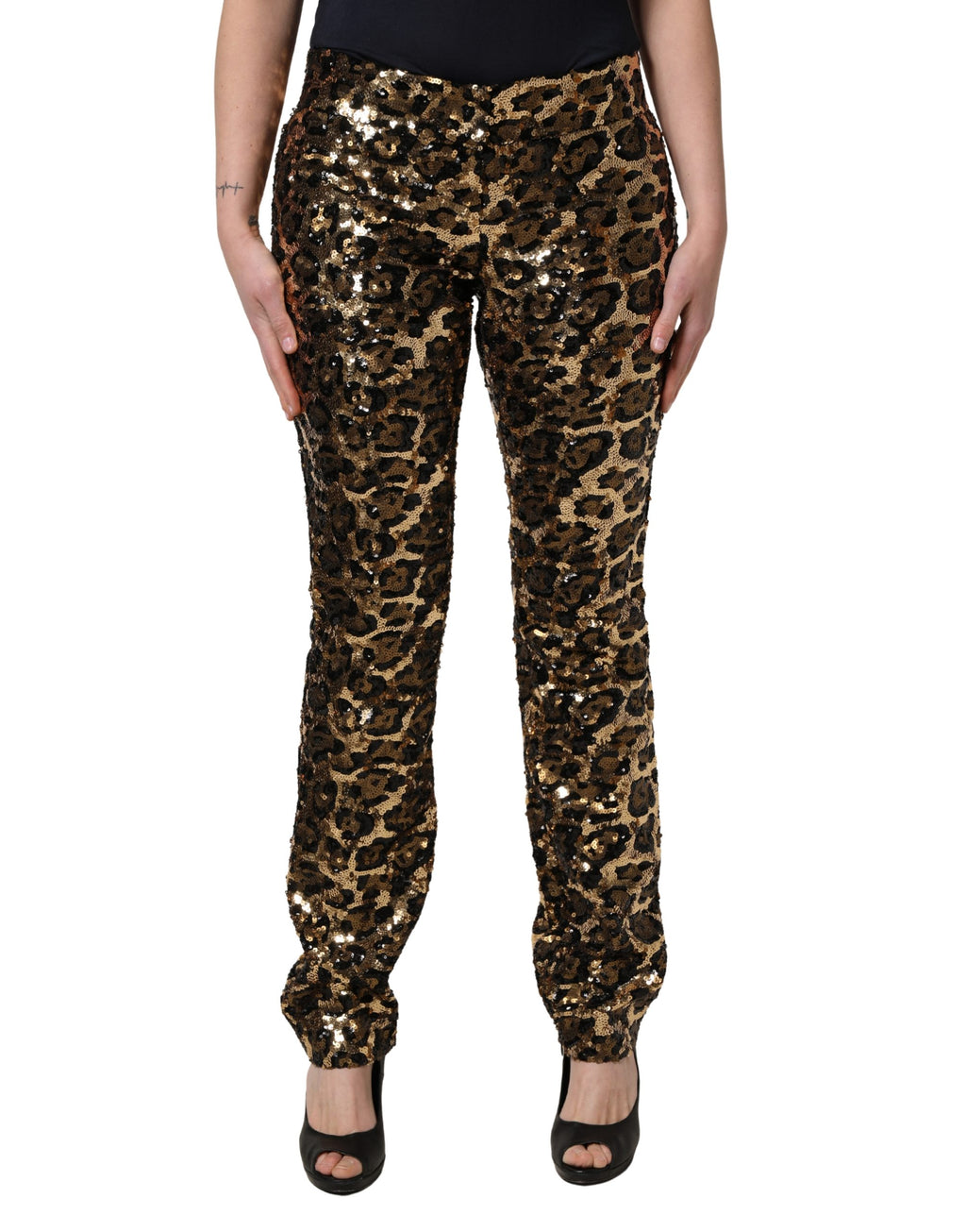 Dolce & Gabbana Gold-farbene Hose mit Leopardenmuster und Pailletten