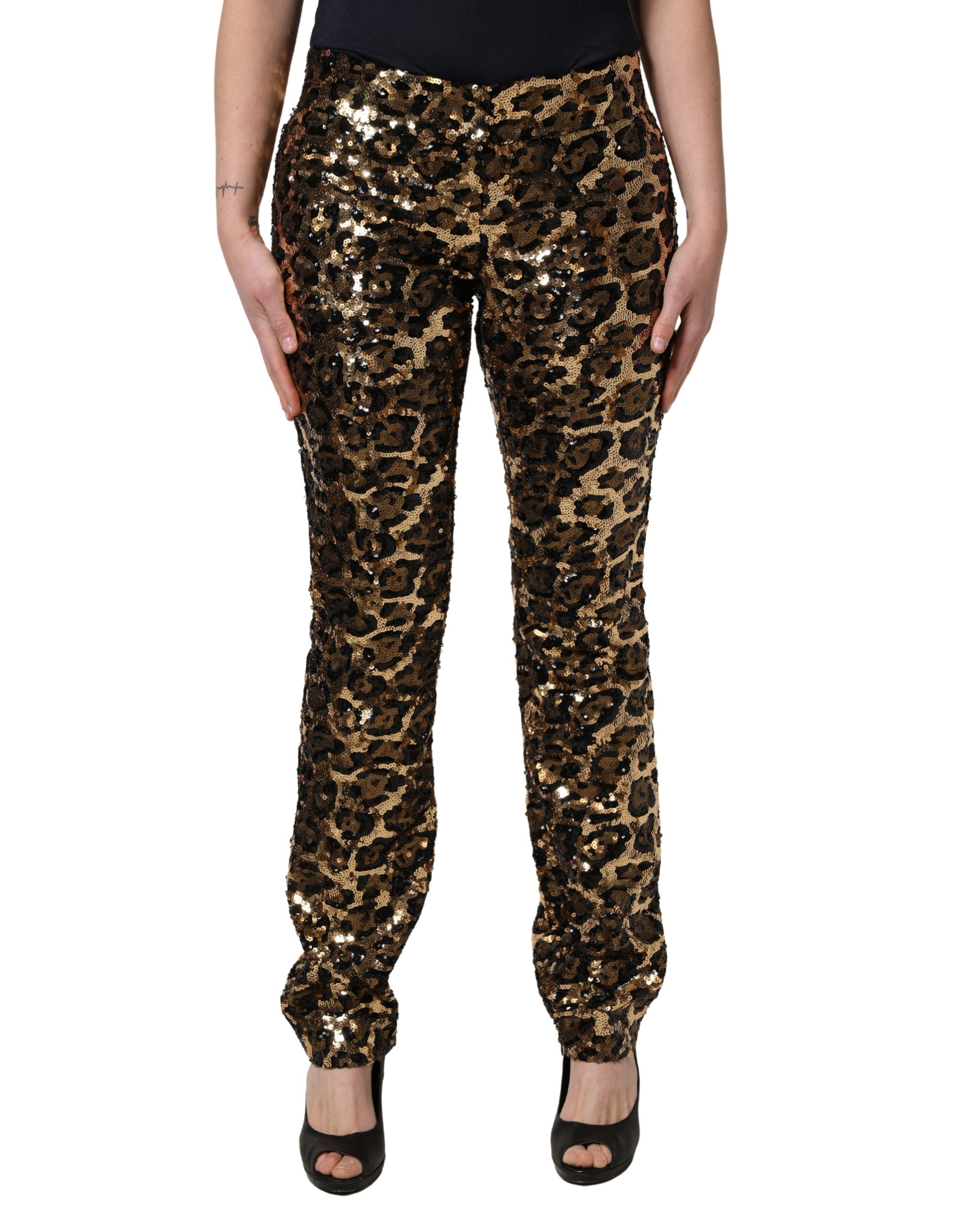 Dolce & Gabbana Gold-farbene Hose mit Leopardenmuster und Pailletten