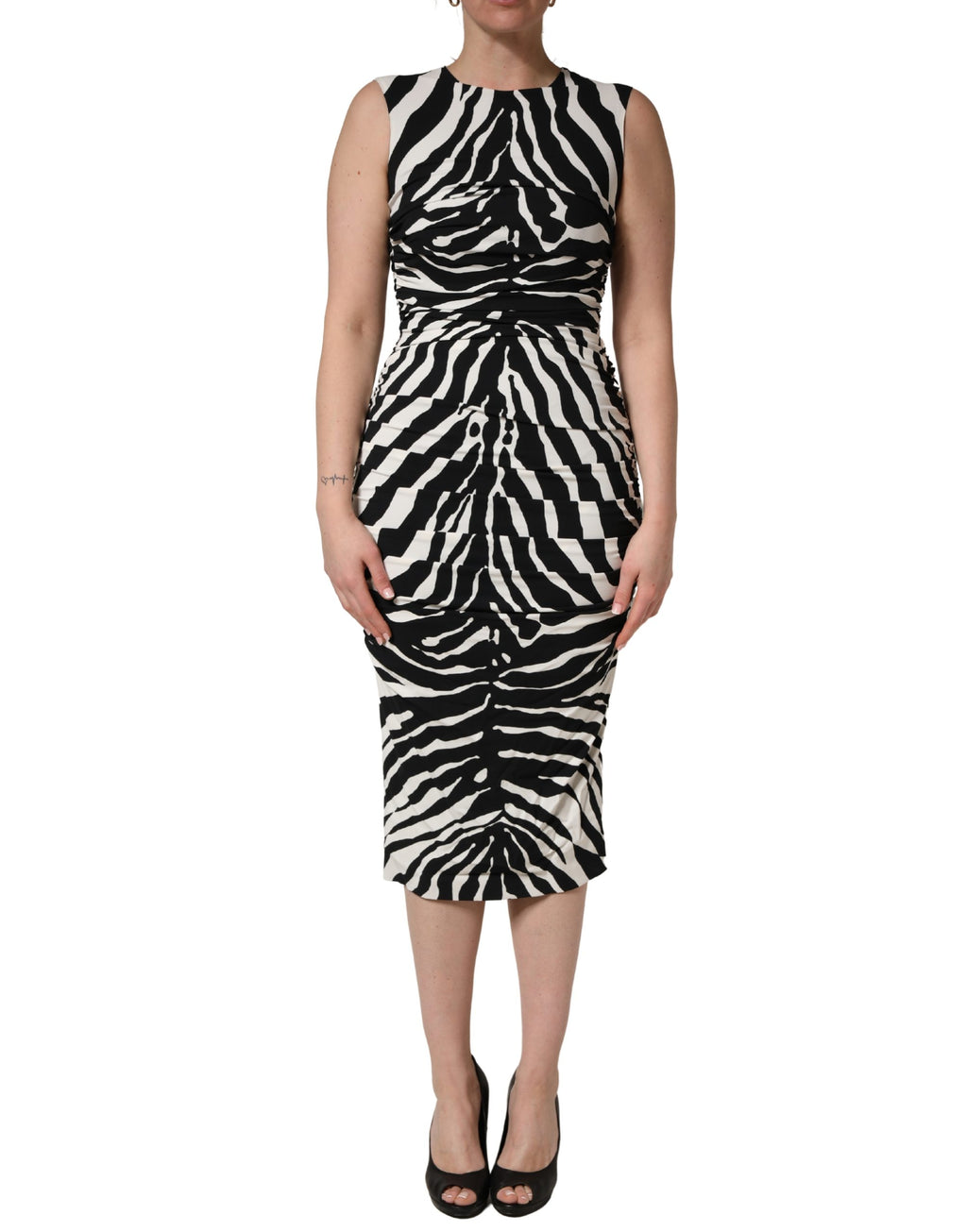 Dolce & Gabbana Kleid aus schwarzem und weißem Zebra-Cady in Wadenlänge