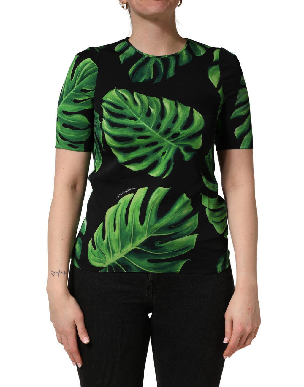 Dolce & Gabbana Schwarze Philodendron-Print Seidenbluse