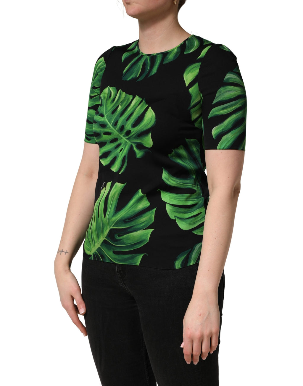 Dolce & Gabbana Schwarze Philodendron-Print Seidenbluse