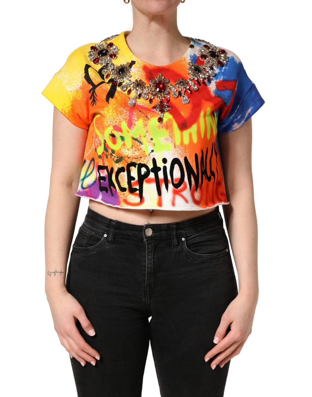 Dolce & Gabbana Mehrfarbiges Crop-Jersey-Top mit Graffiti-Kristallen