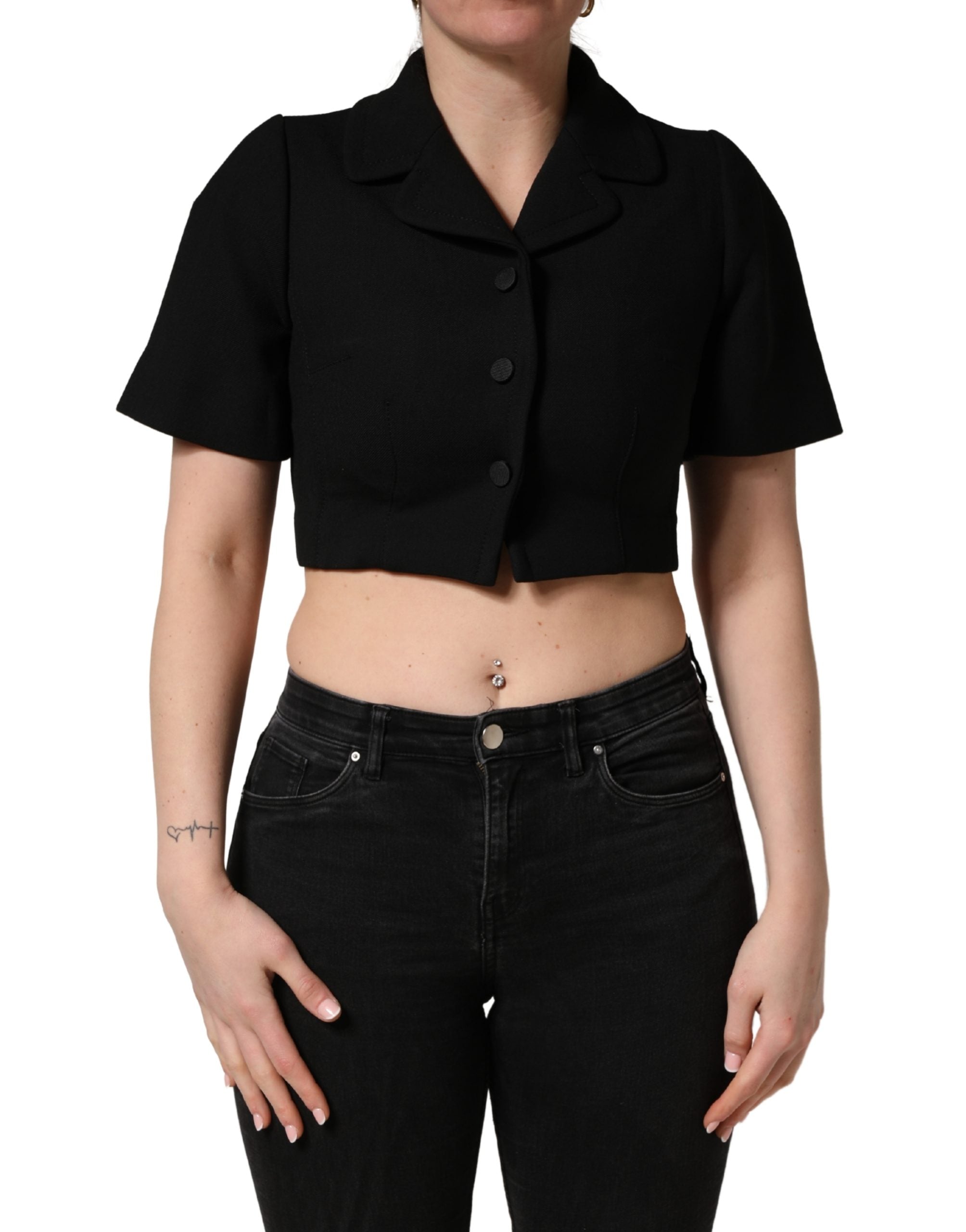 Dolce & Gabbana Schwarze Kurzarmbluse mit Kragen, Cropped
