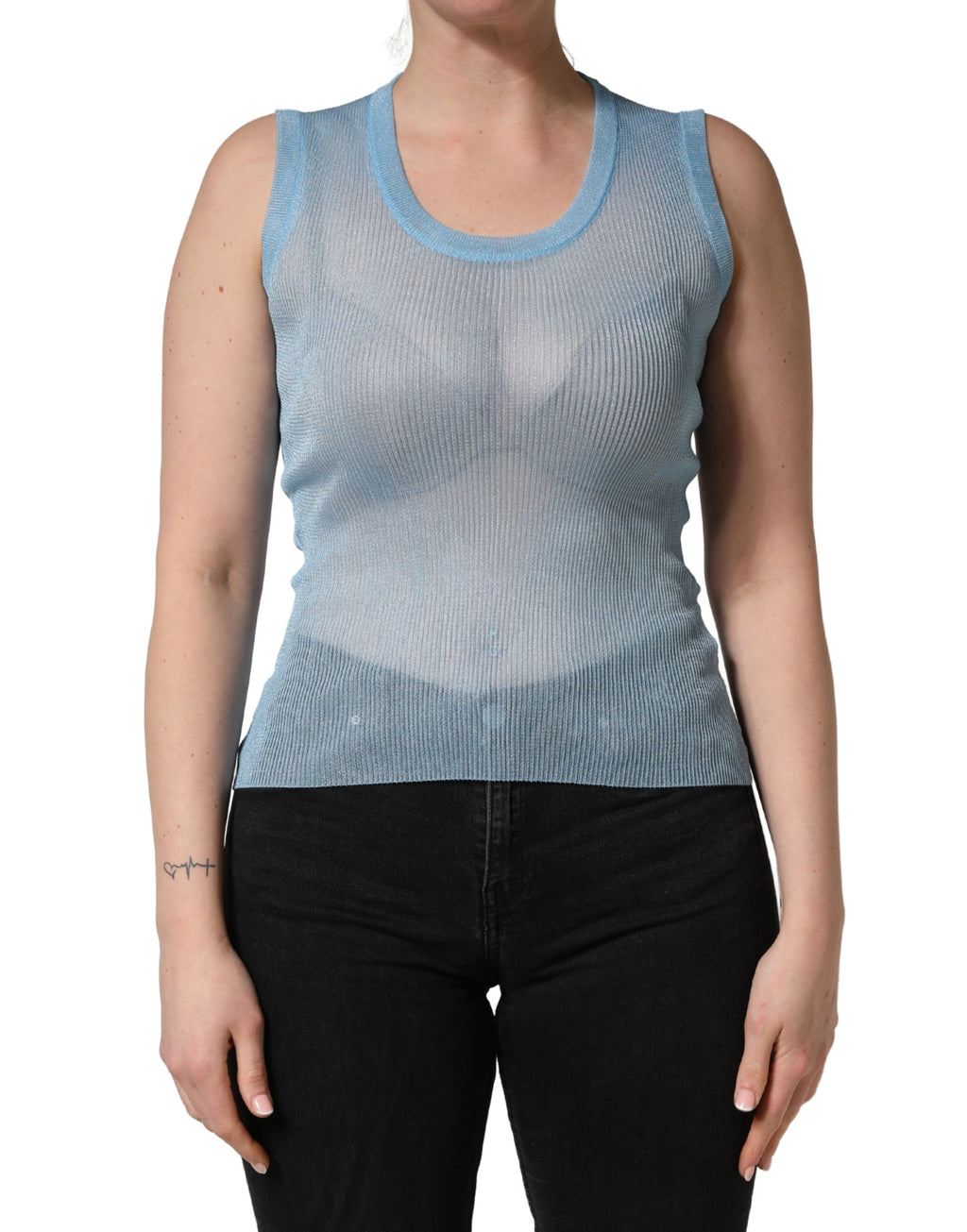 Dolce & Gabbana Blaues, halbtransparentes Rippstrick-Tanktop ohne Ärmel