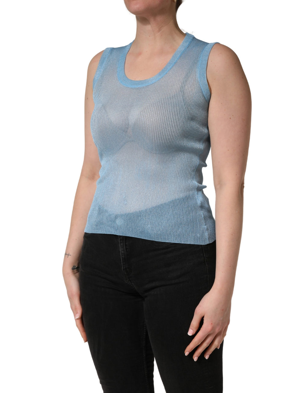 Dolce & Gabbana Blaues, halbtransparentes Rippstrick-Tanktop ohne Ärmel