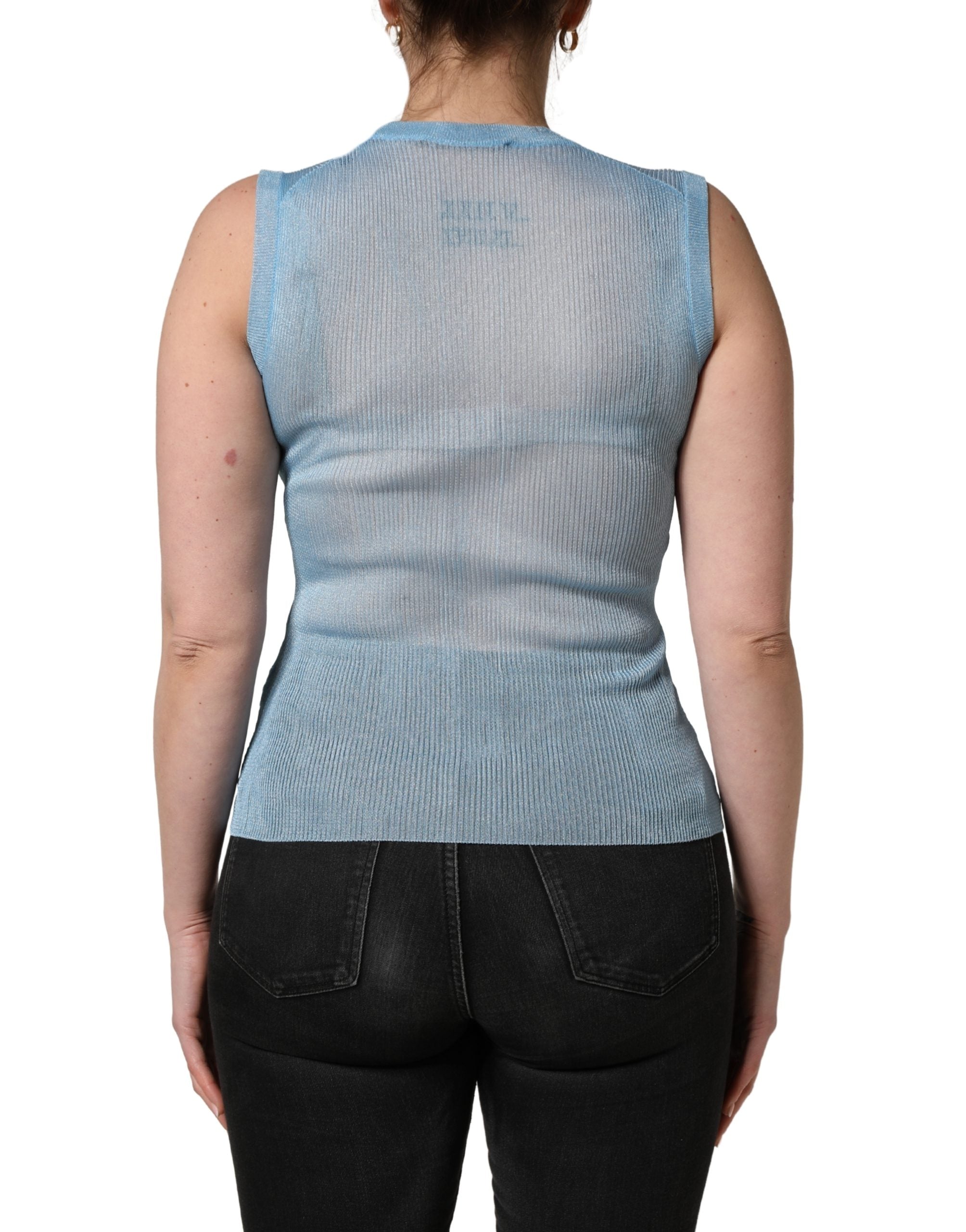 Dolce & Gabbana Blaues, halbtransparentes Rippstrick-Tanktop ohne Ärmel